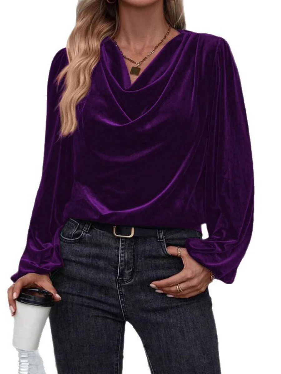 Pullover Collar Velvet Long Sleeve Pleated Grace Blouse - Image 5
