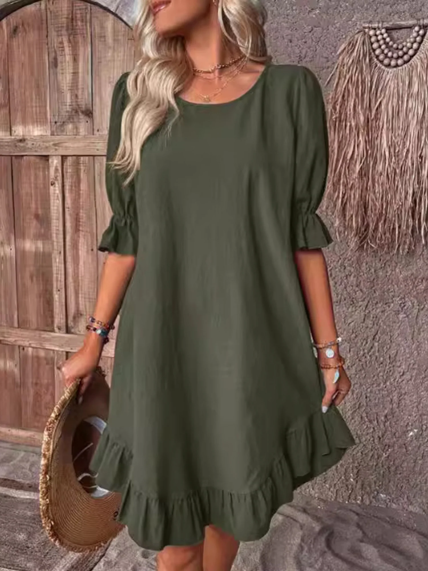 Ruffle Puff Sleeve Round Neck And Full Skirt Mini&Short Dresses - Image 2