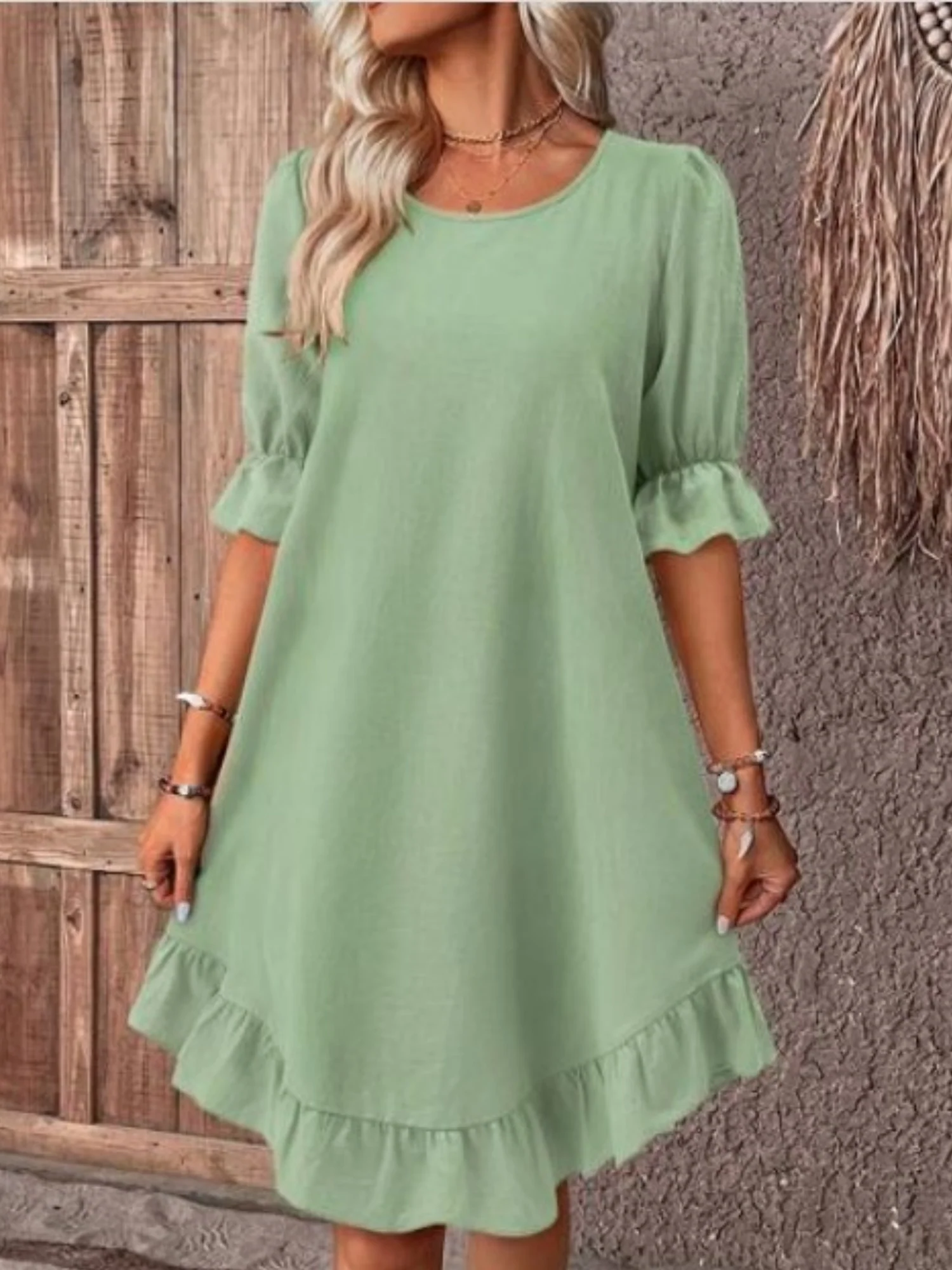 Ruffle Puff Sleeve Round Neck And Full Skirt Mini&Short Dresses - Image 3
