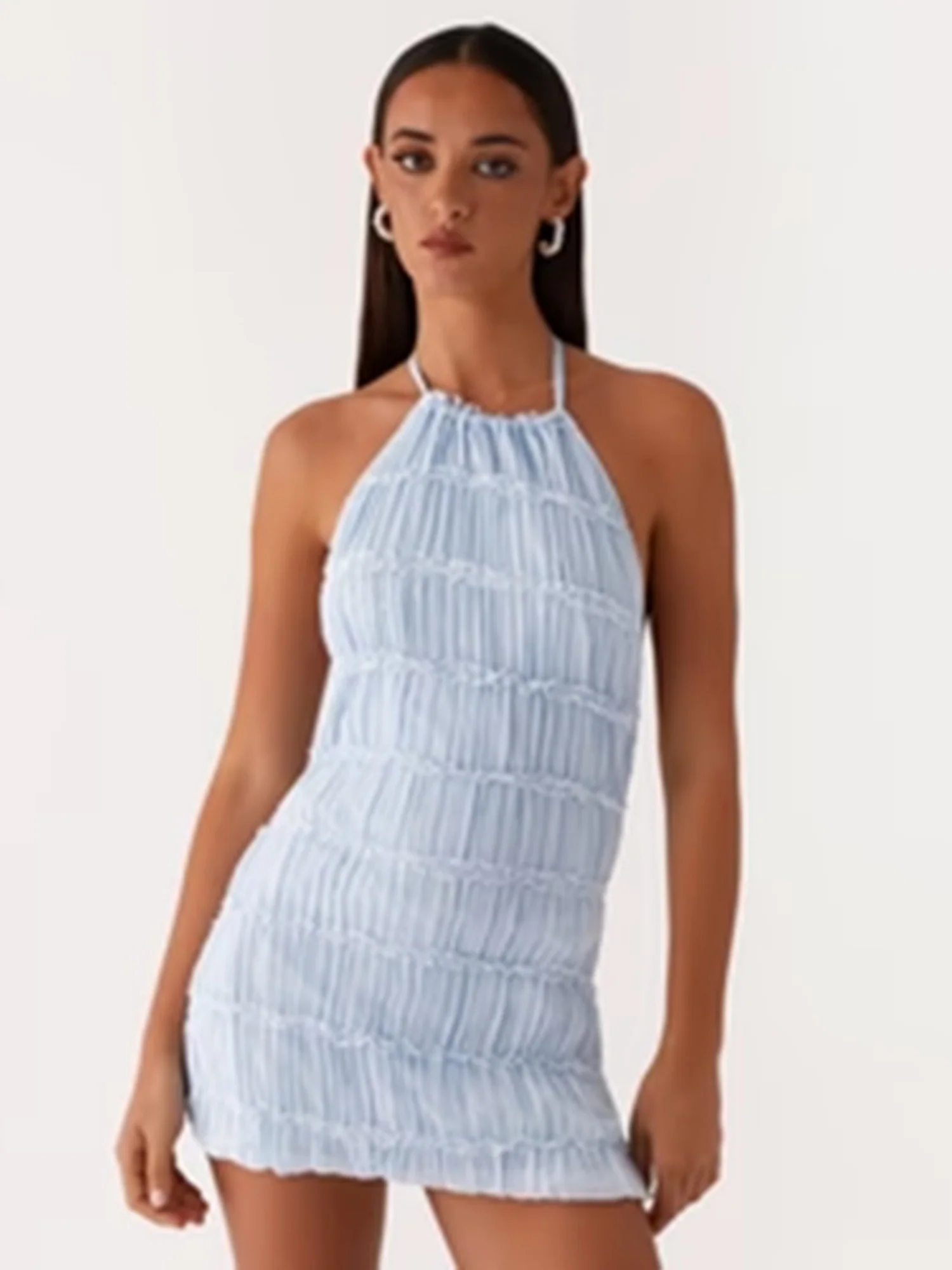 Pleated Halter Neck Strap Exposed Backpack Buttocks Mini&Short Dresses - Image 4