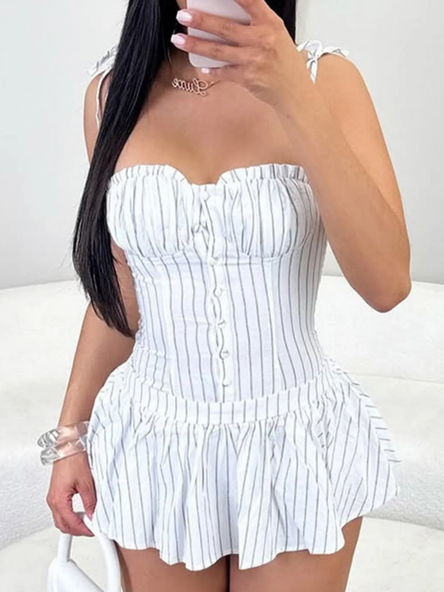 Stripes Pleated Straps Mini&Short Dresses - Image 3