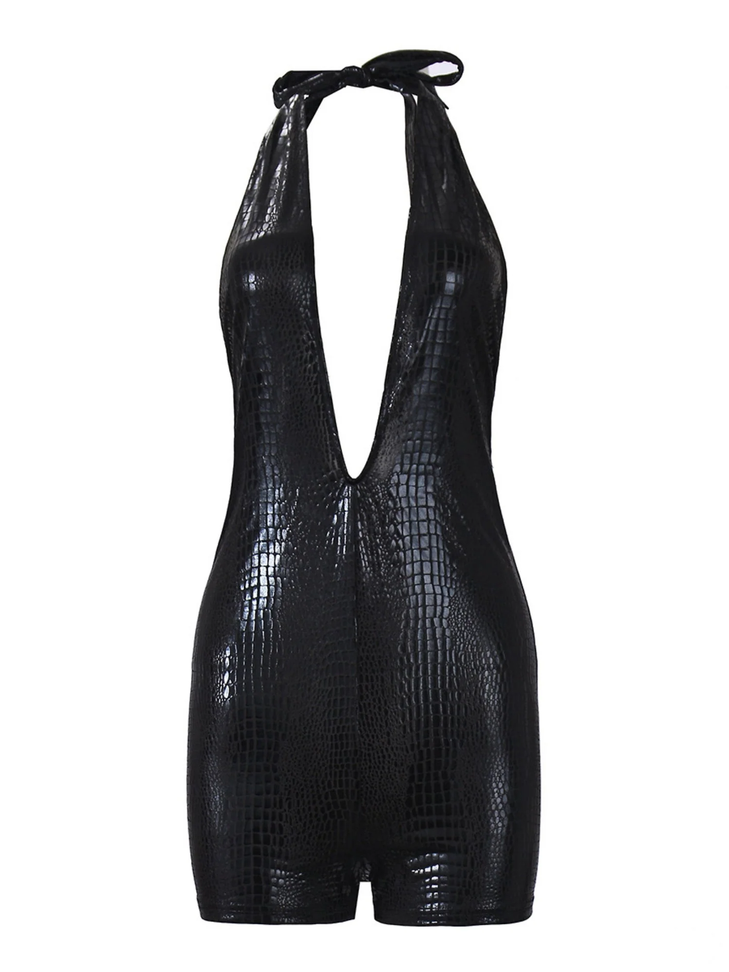 Imitation Leather Snake And Crocodile Patterns Deep V Halter Neck Open Back Bodysuits - Image 5
