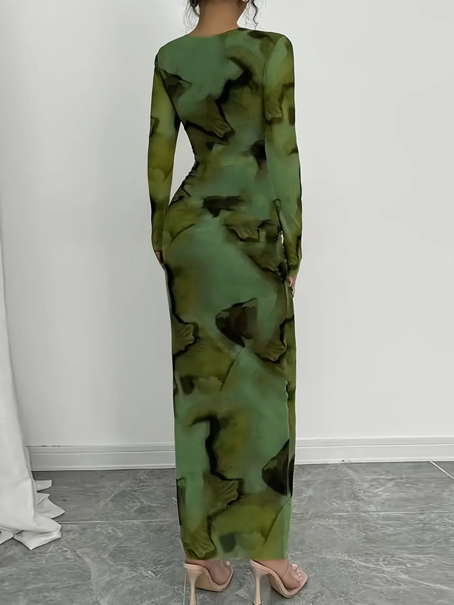 Printed Stretch Round Neck Long Sleeve Maxi Dresses - Image 2