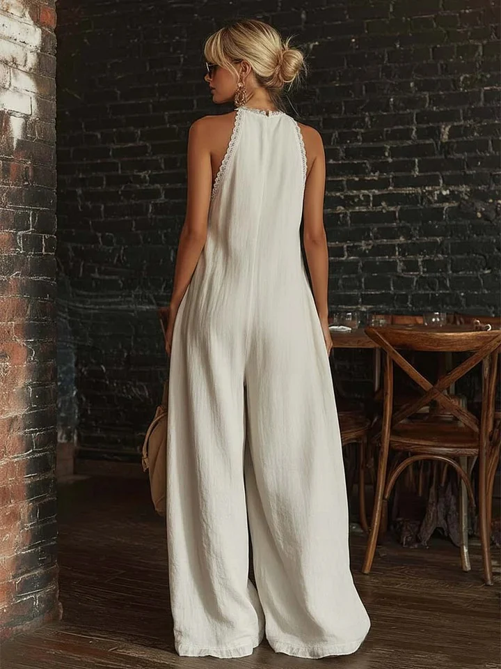 Elegant And Comfortable Lace-trimmed Loose Linen Jumpsuit - Image 2