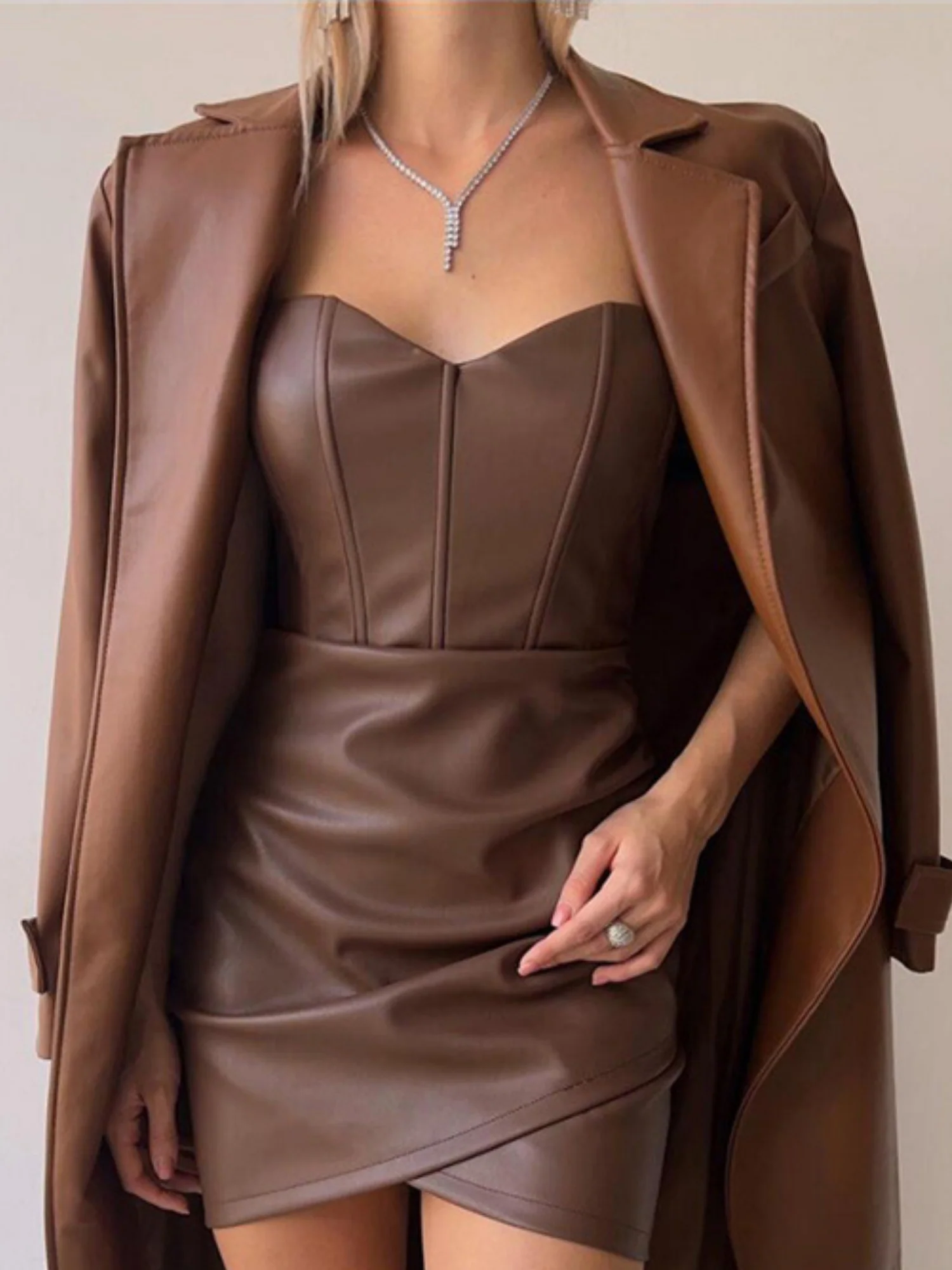 PU Leather Pleated Strapless Mini&Short Dresses - Image 5