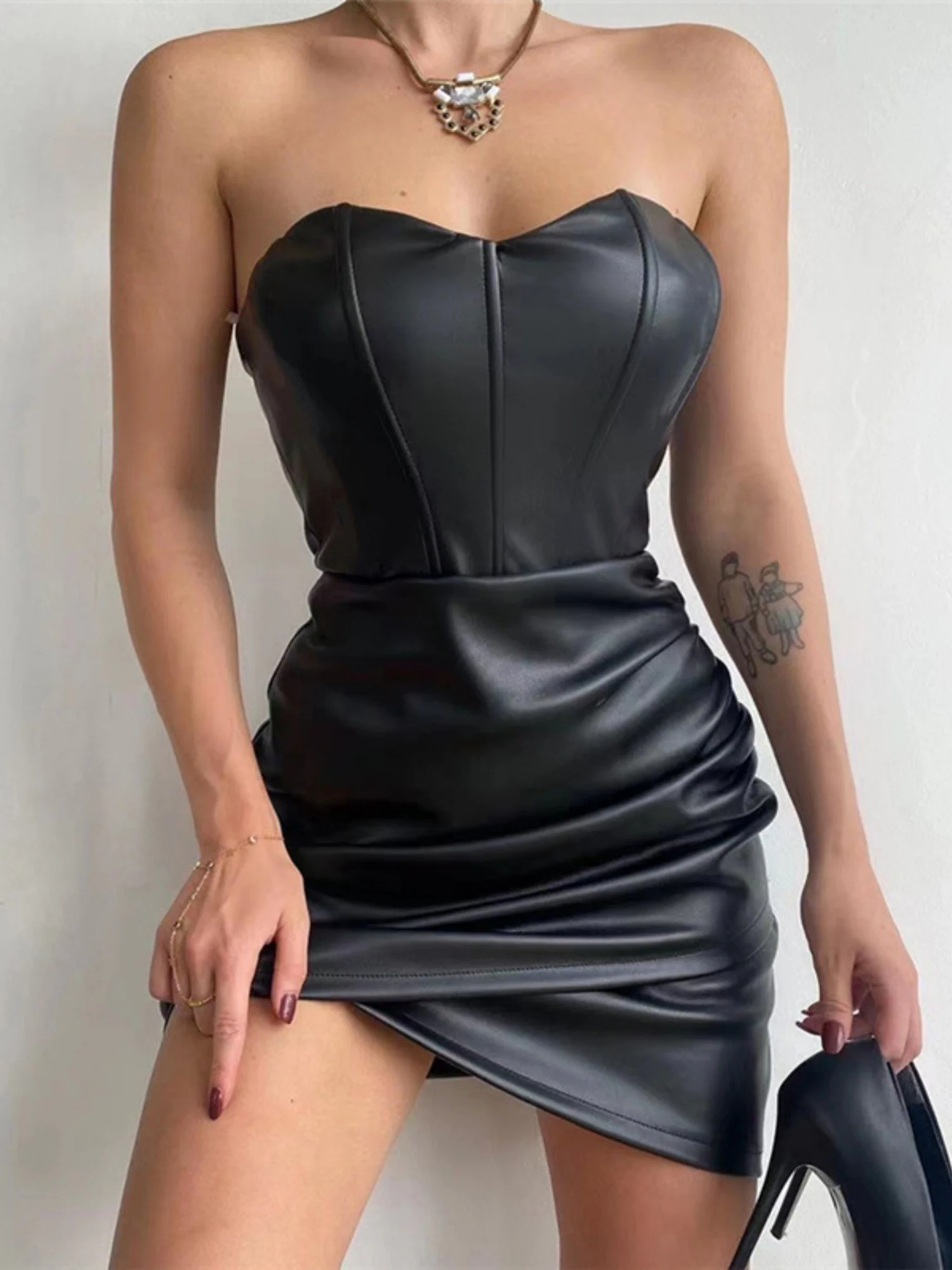 PU Leather Pleated Strapless Mini&Short Dresses - Image 8