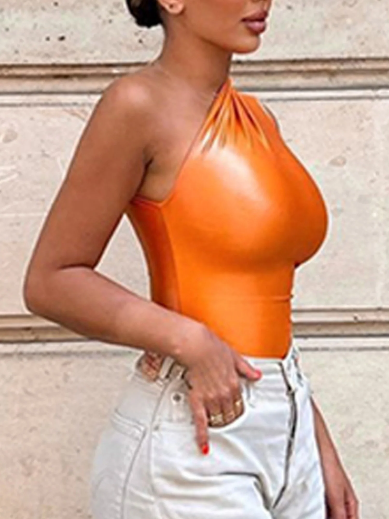 Imitation PU Metallic Luster Slim-fit Sleeveless Bodysuits - Image 2