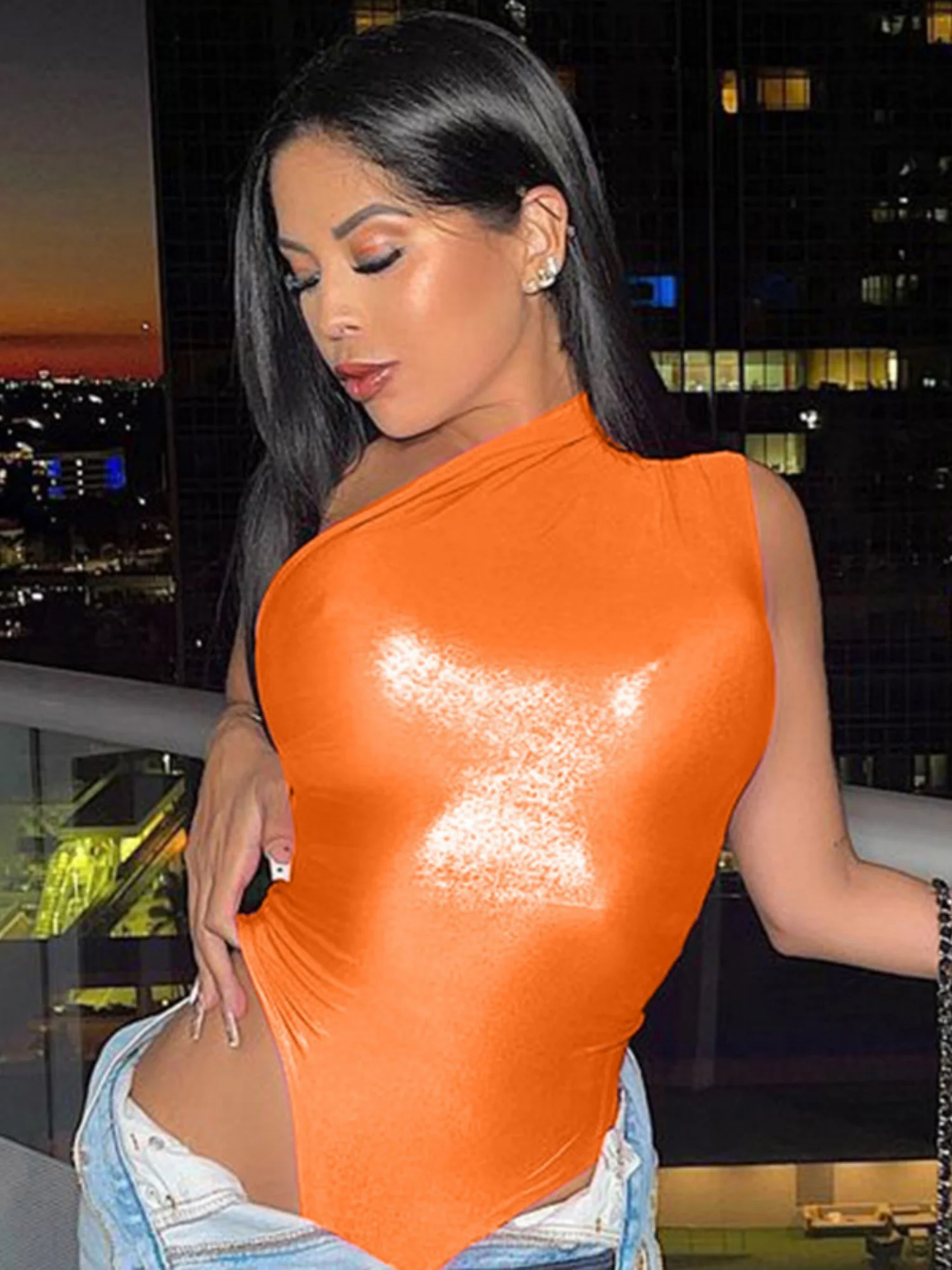 Imitation PU Metallic Luster Slim-fit Sleeveless Bodysuits - Image 4