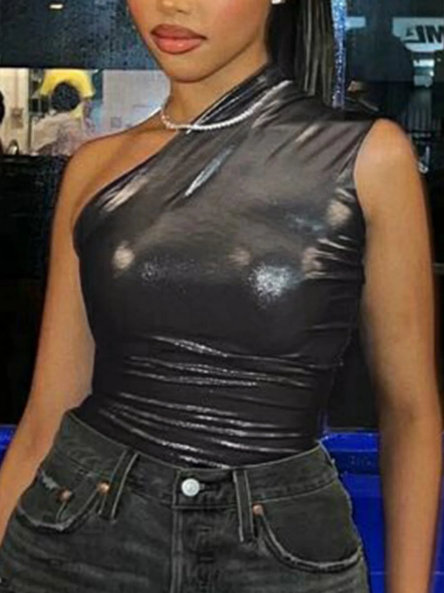 Imitation PU Metallic Luster Slim-fit Sleeveless Bodysuits - Image 6