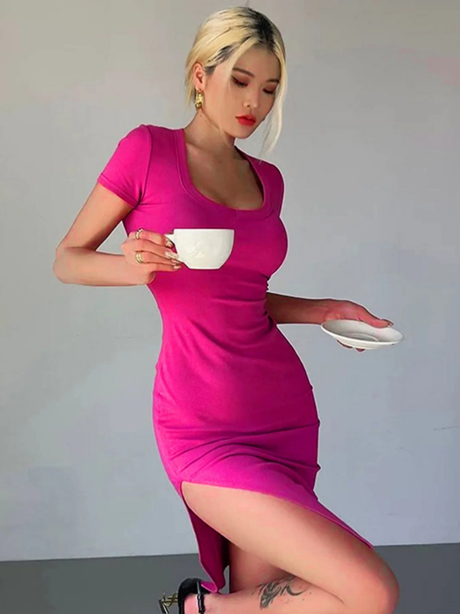 Slit Slim Fit Hip Body Square Neck Short Sleeve Mini&Short Dresses - Image 2