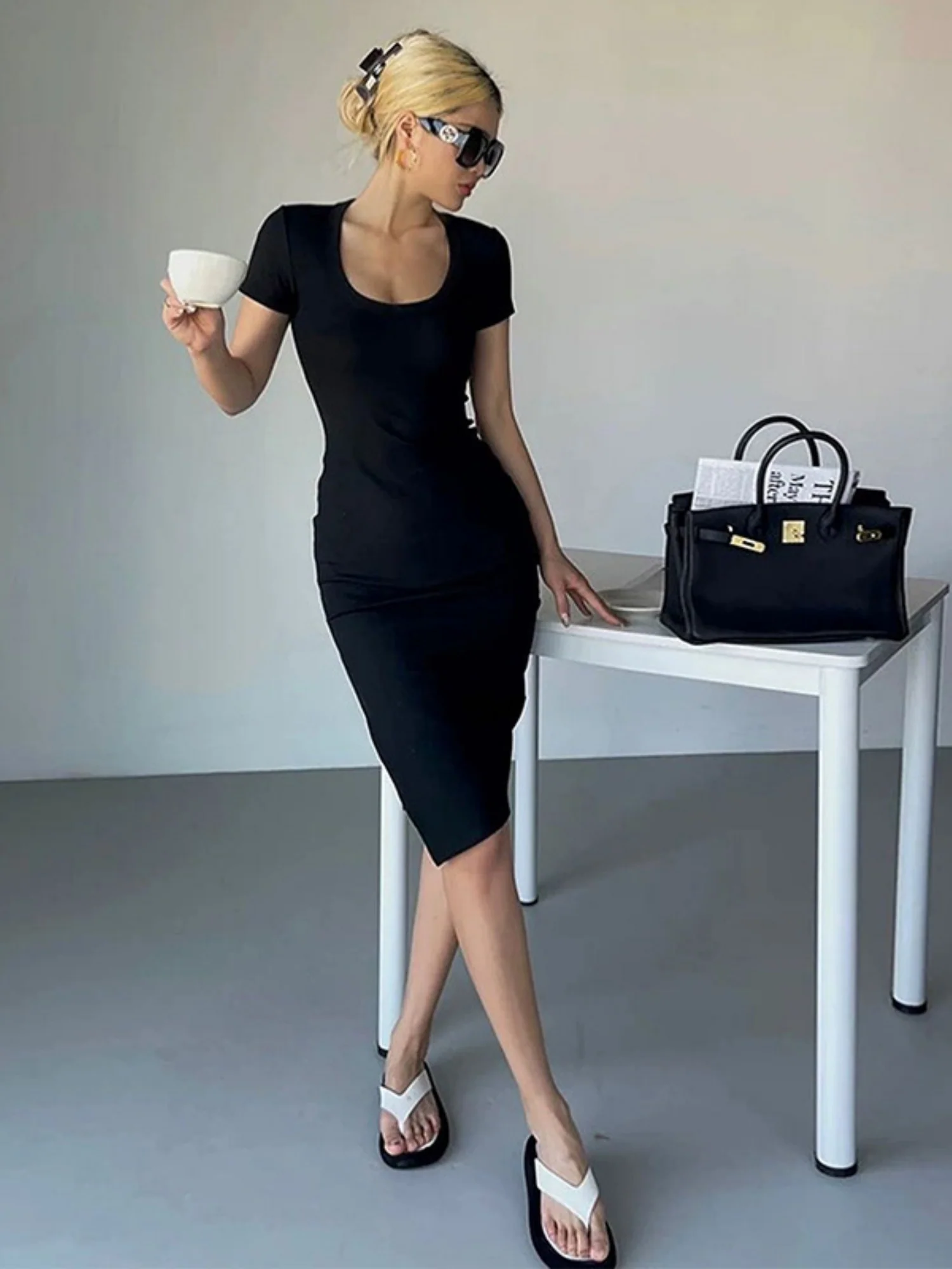 Slit Slim Fit Hip Body Square Neck Short Sleeve Mini&Short Dresses - Image 6