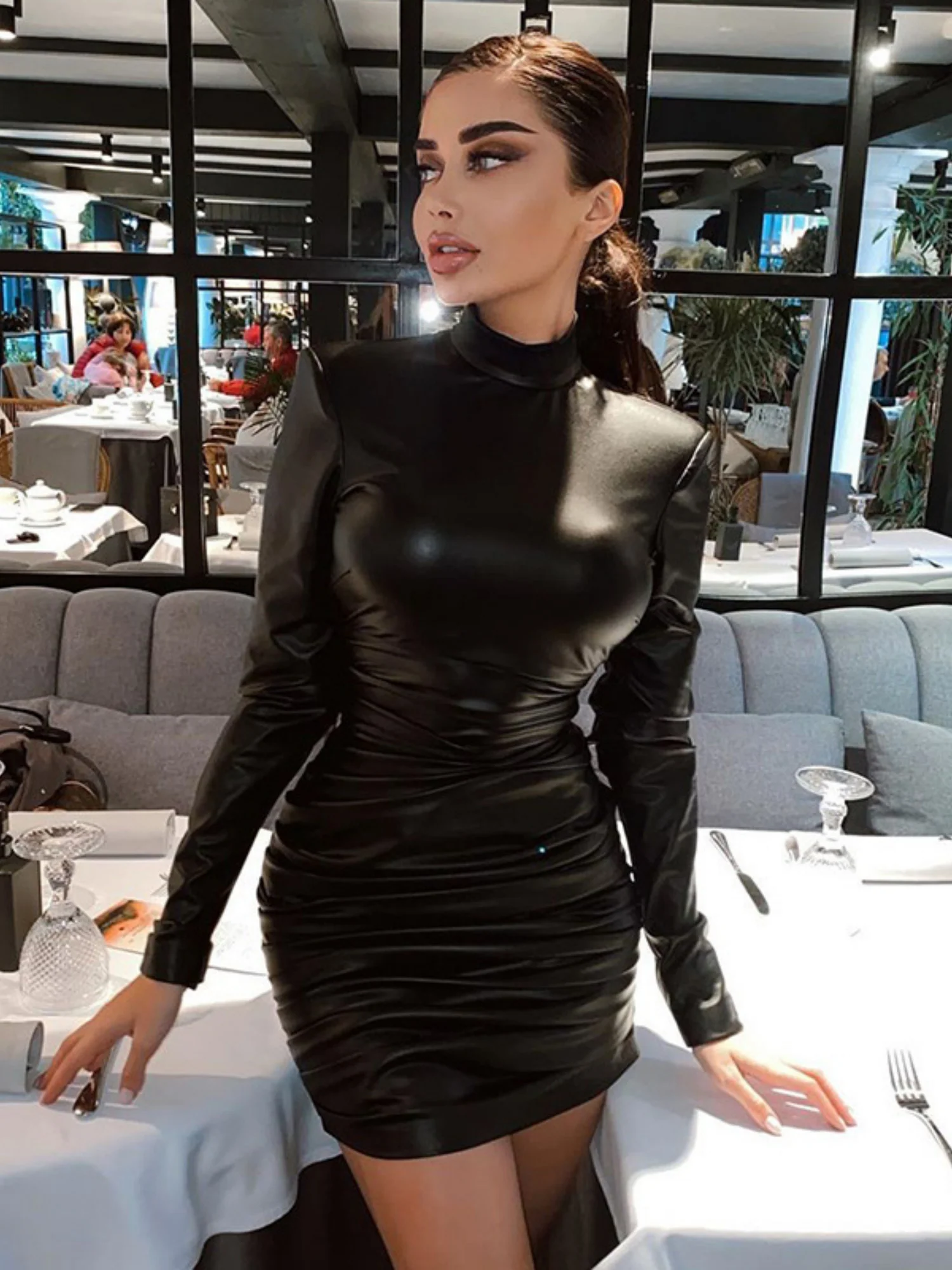 Metallic Gloss Pleated Long-sleeved Bodycon Mini&Short Dresses - Image 6