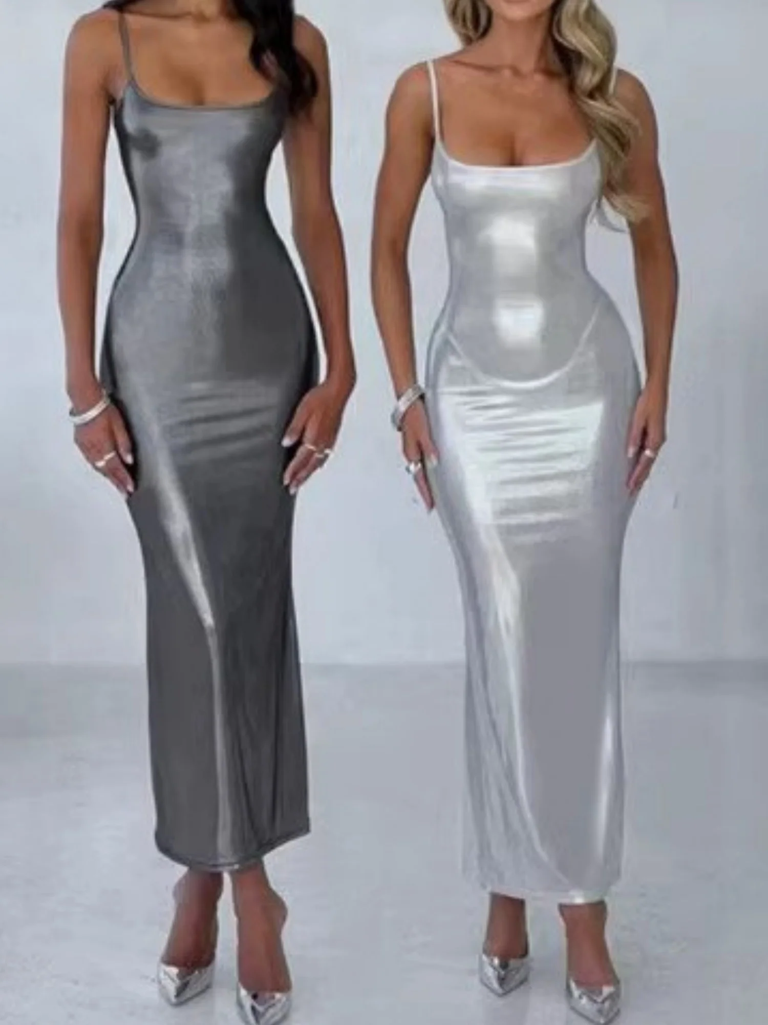 Metallic Gloss Spaghetti Strap Bodycon Maxi Dresses