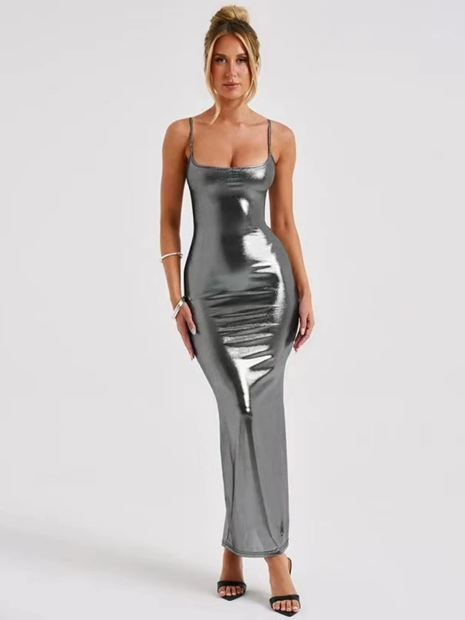 Metallic Gloss Spaghetti Strap Bodycon Maxi Dresses - Image 2