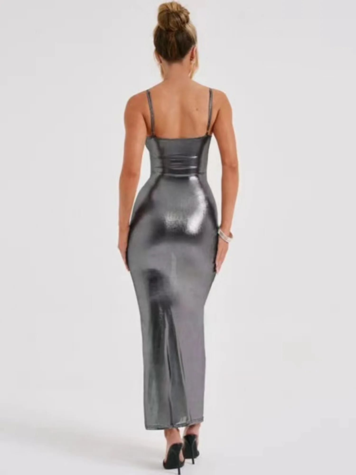 Metallic Gloss Spaghetti Strap Bodycon Maxi Dresses - Image 3