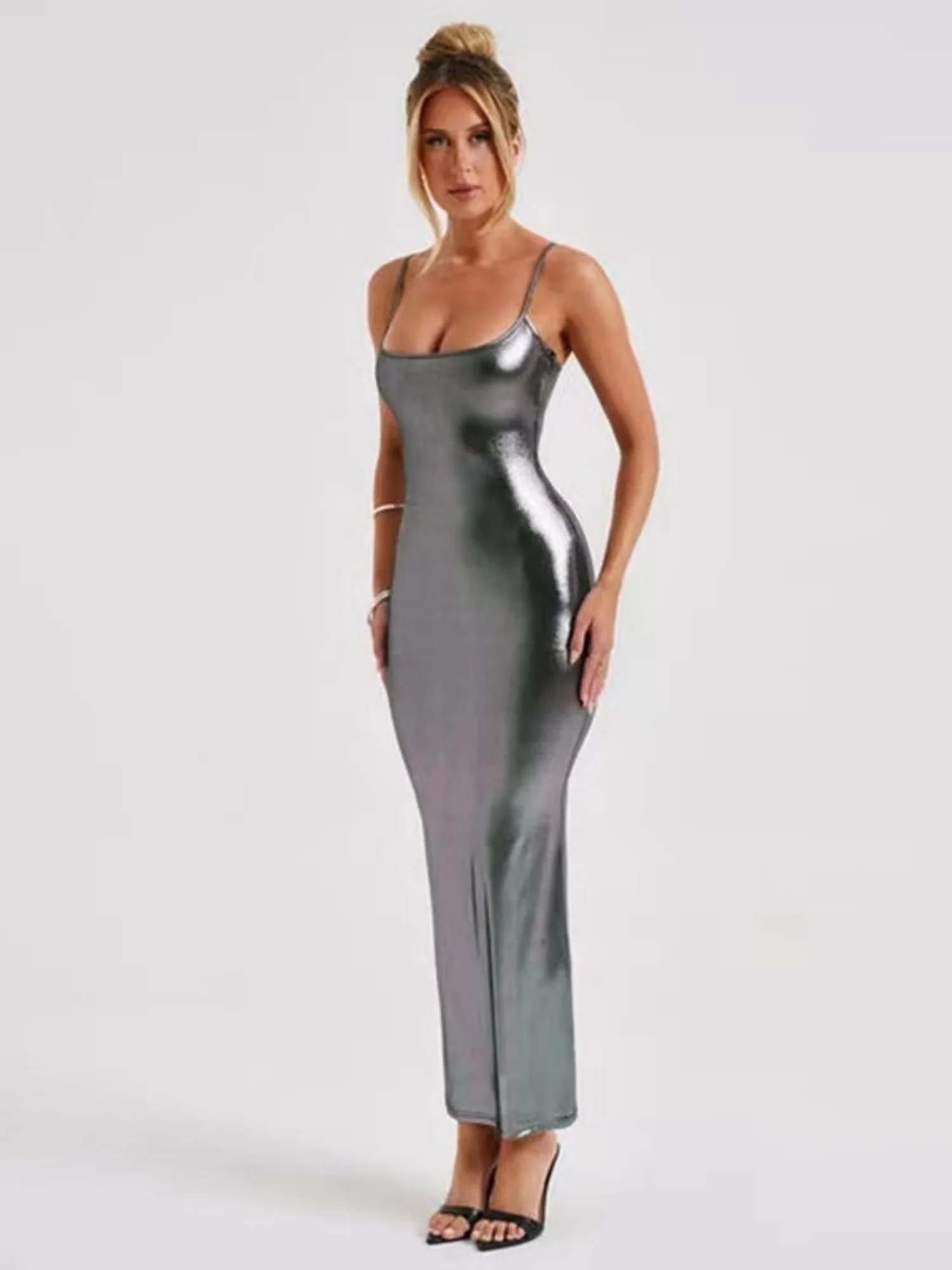 Metallic Gloss Spaghetti Strap Bodycon Maxi Dresses - Image 4