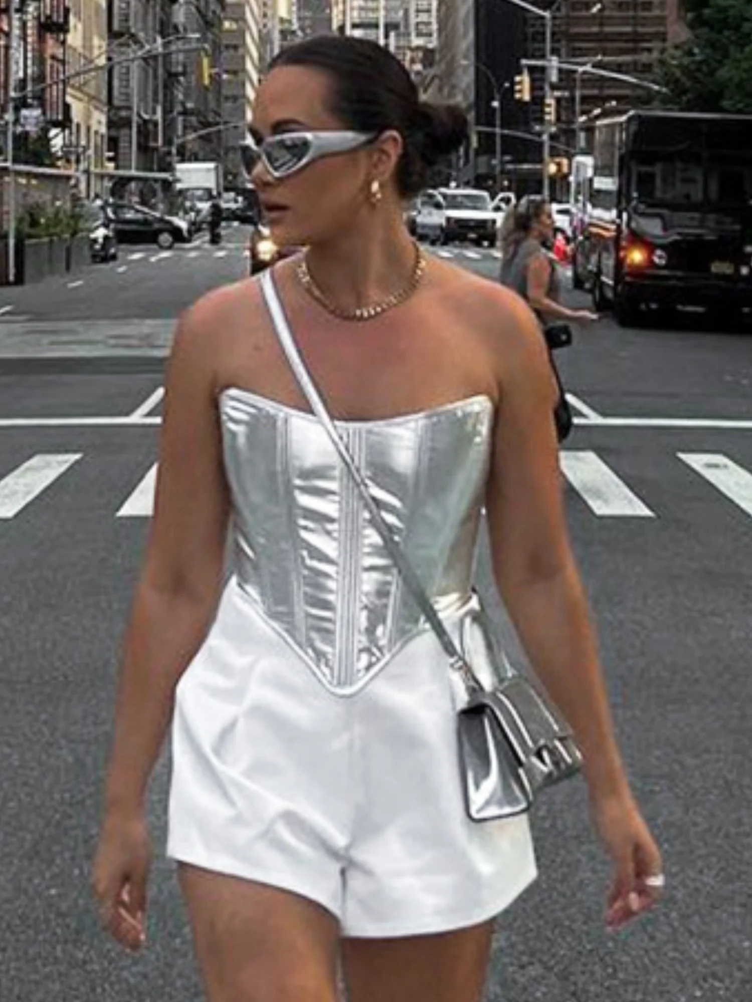 Imitation PU Metallic Luster Sleeveless Straps Strapless Vest - Image 5