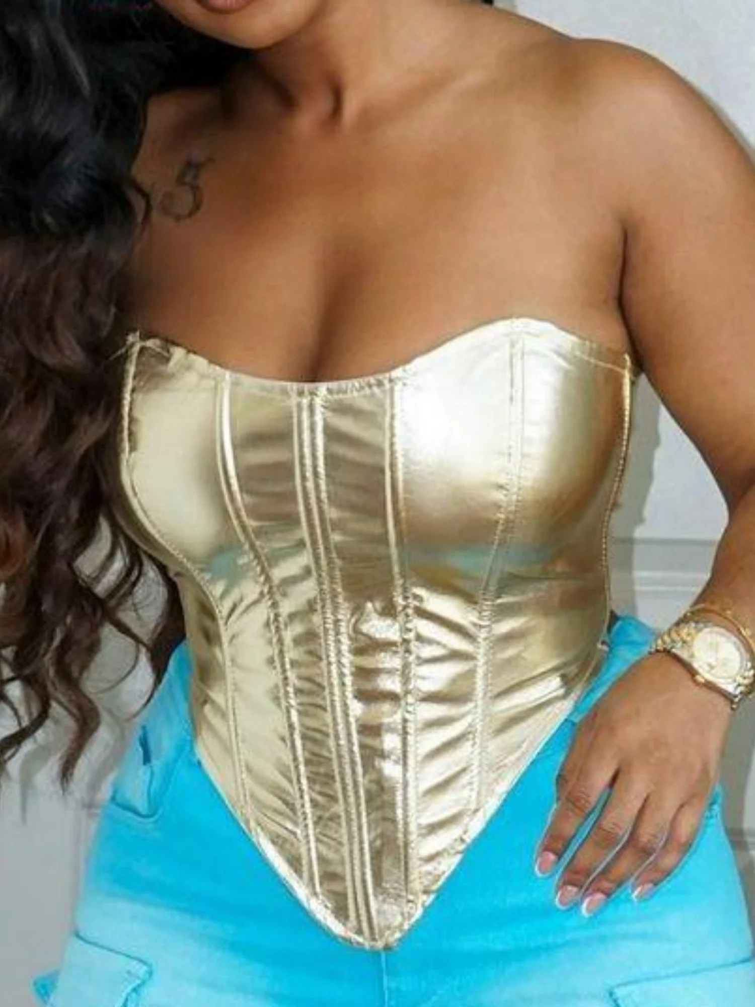 Imitation PU Metallic Luster Sleeveless Straps Strapless Vest - Image 6