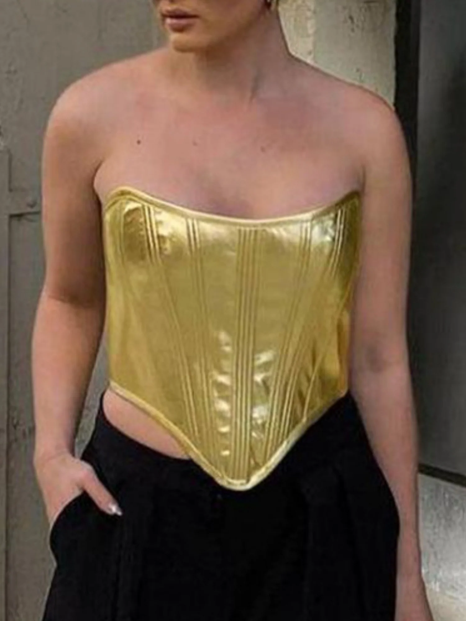 Imitation PU Metallic Luster Sleeveless Straps Strapless Vest - Image 7