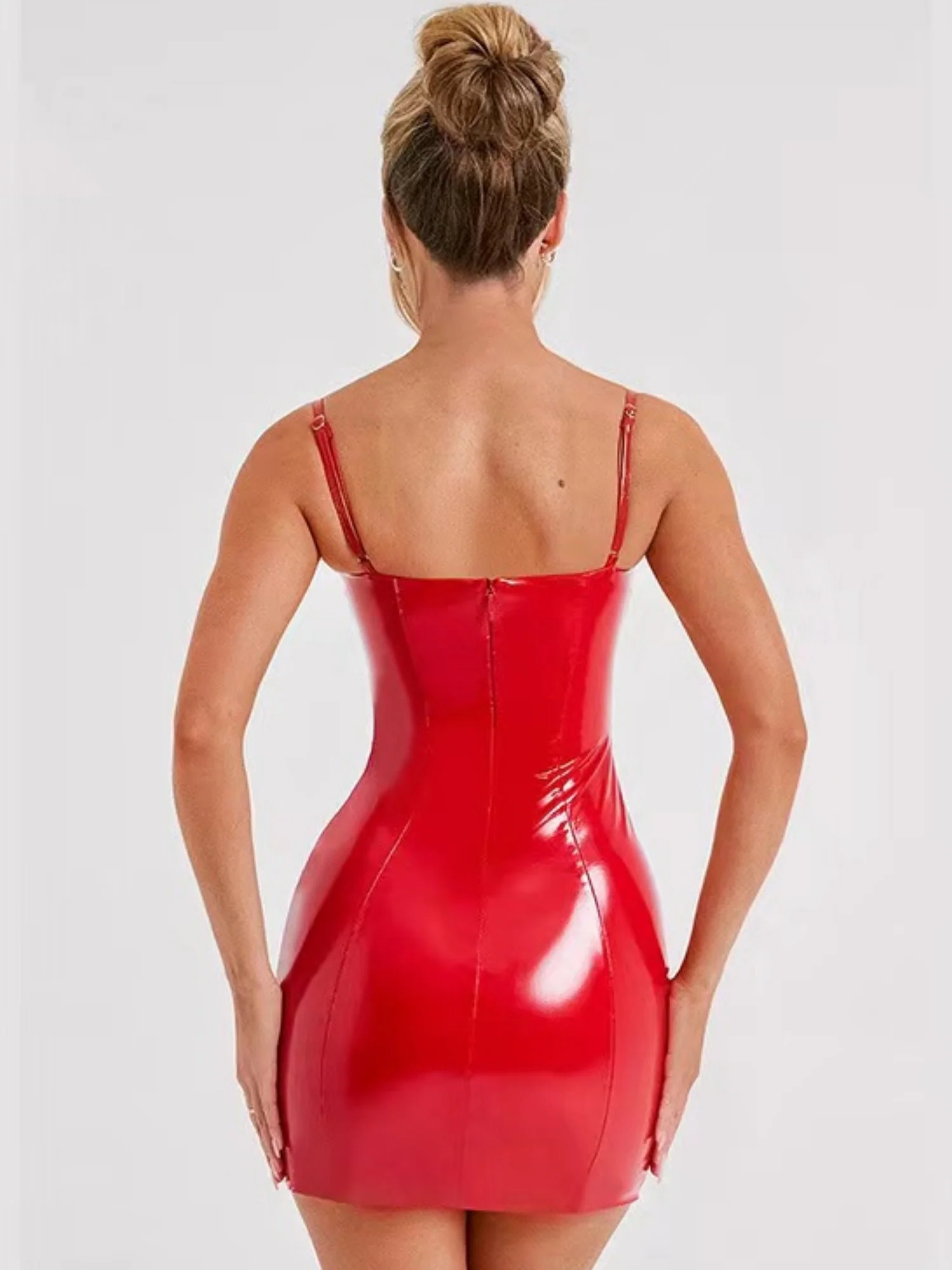PU Glossy Leather Waist-cinching And Hip-hugging Camisoles Mini&Short Dresses - Image 2