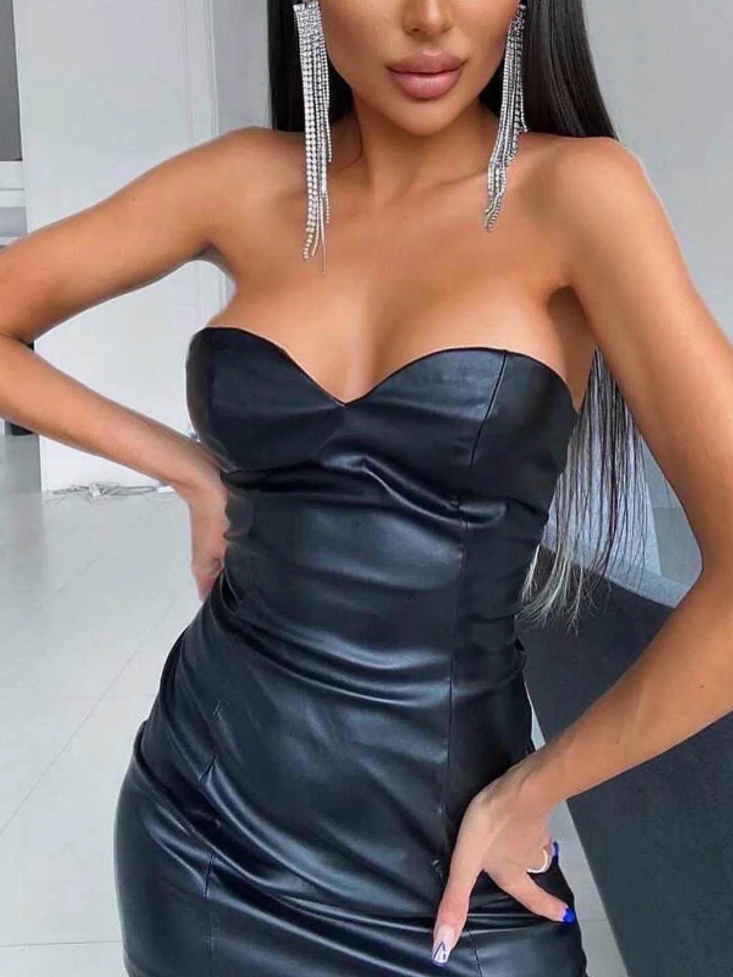 PU Leather Pleated Strapless Bodycon Mini&Short Dresses - Image 6