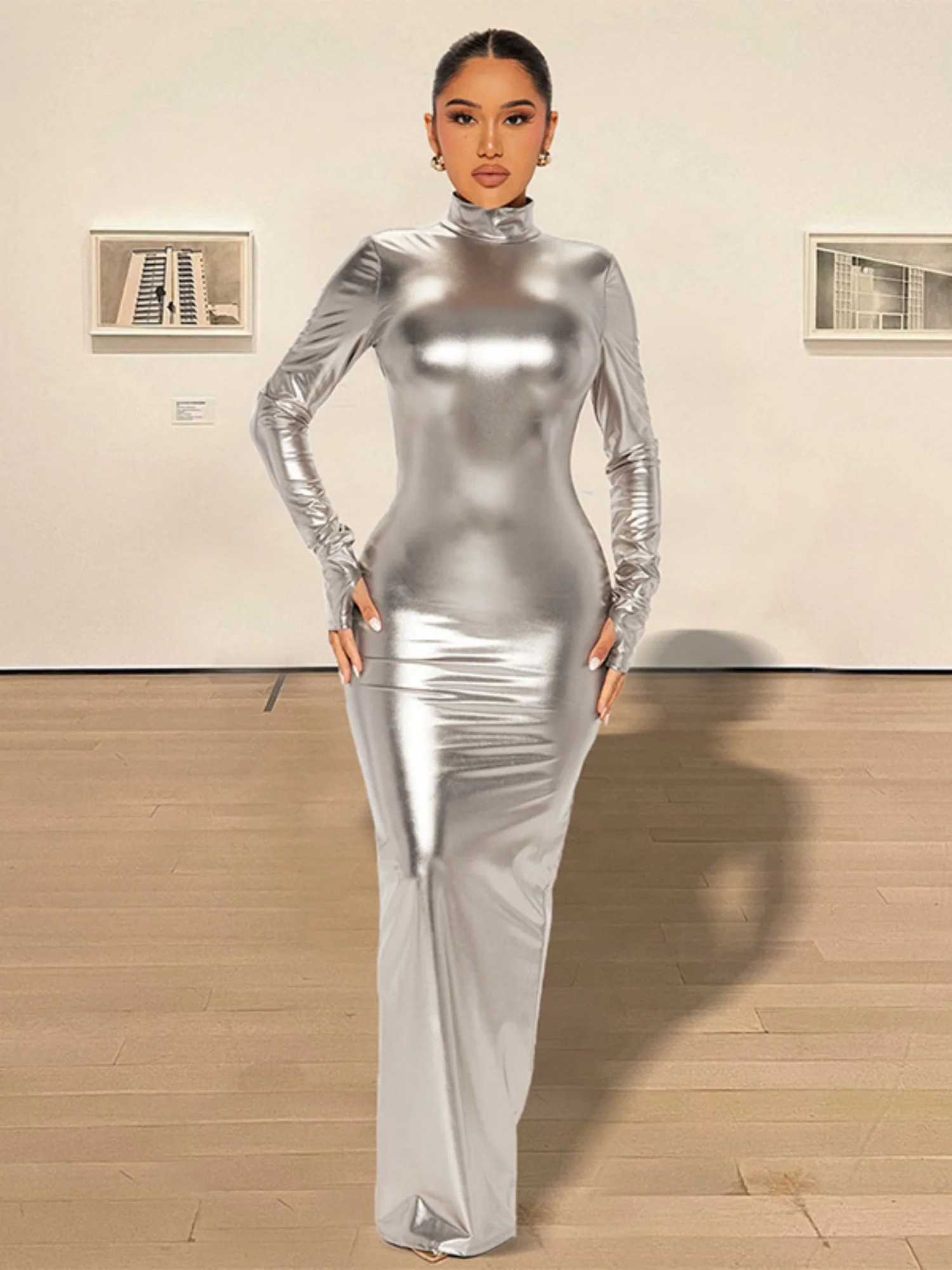 Metallic Gloss Exposed Backpack Buttocks Long Sleeves Maxi Dresses - Image 2