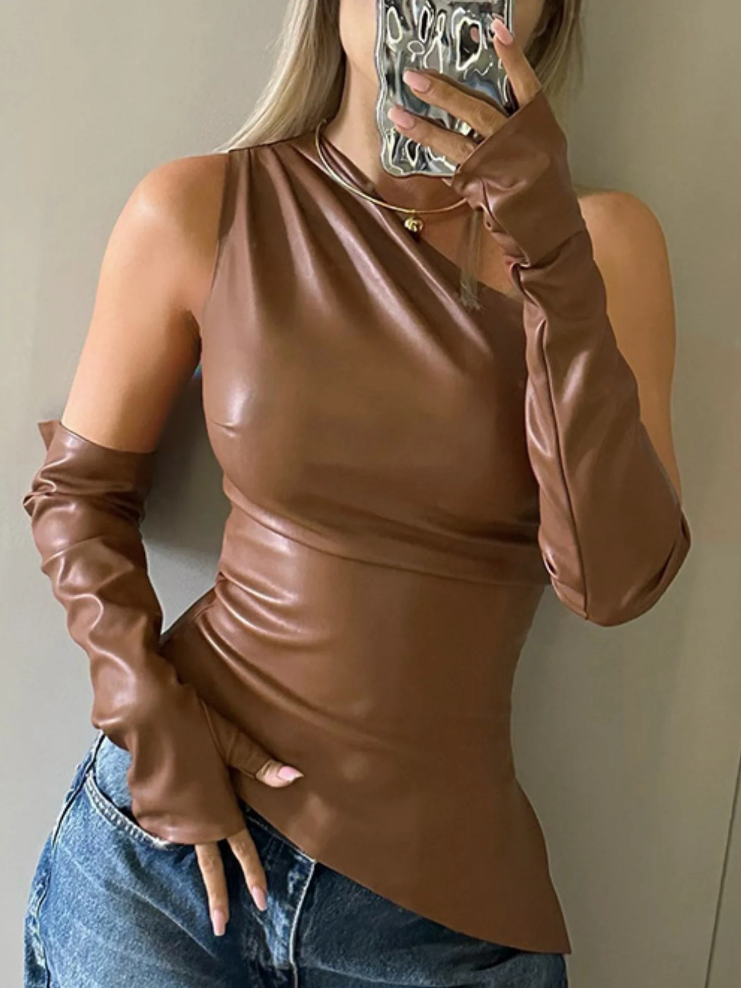PU Leather Asymmetrical Neck Top With Arm Sleeves - Image 4