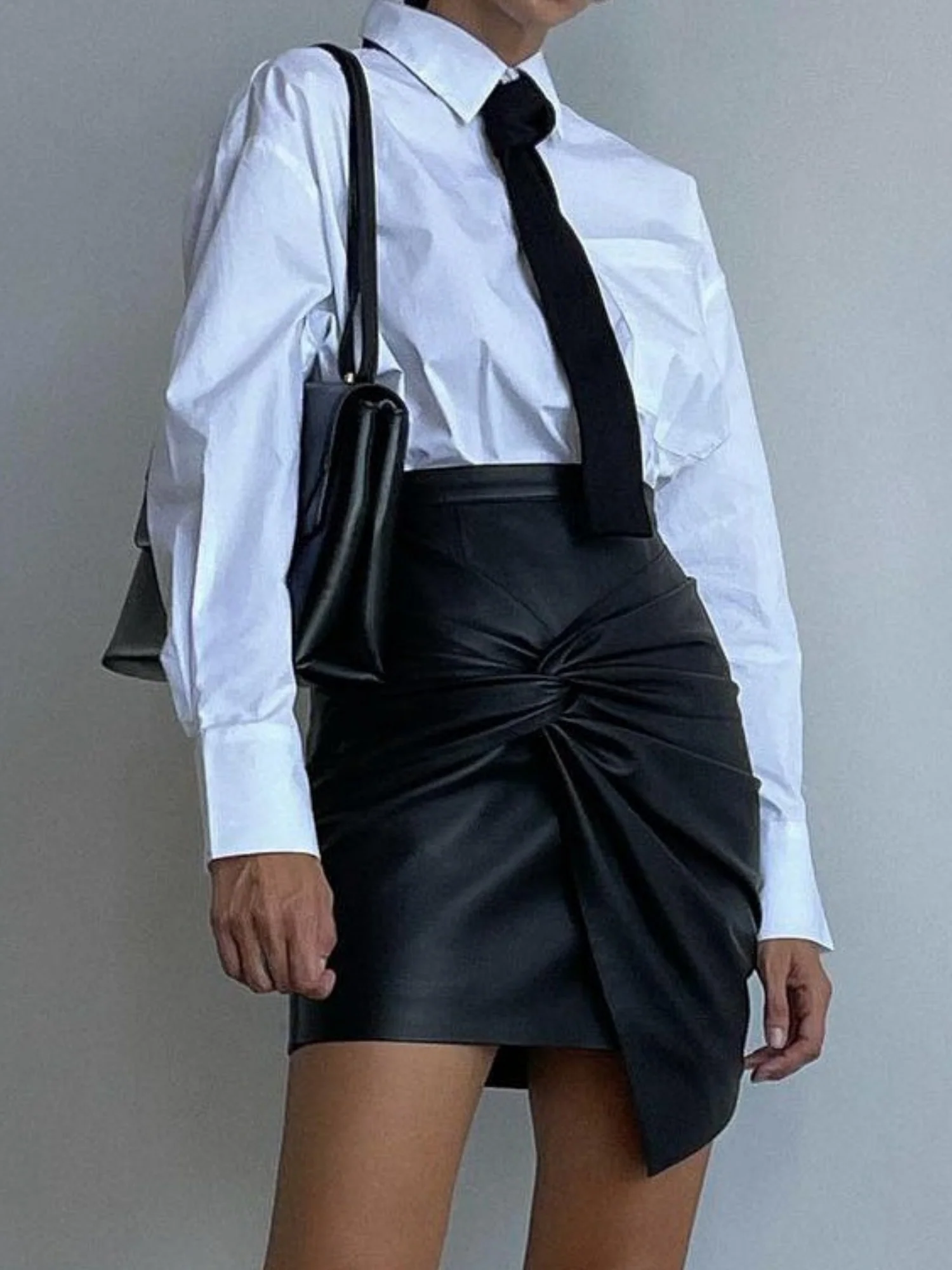 PU Leather Pleated High-waisted Knot Hip Wrap Skirts - Image 3