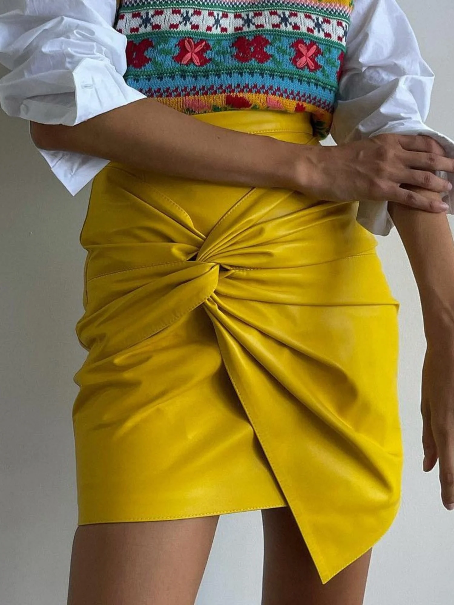 PU Leather Pleated High-waisted Knot Hip Wrap Skirts - Image 5