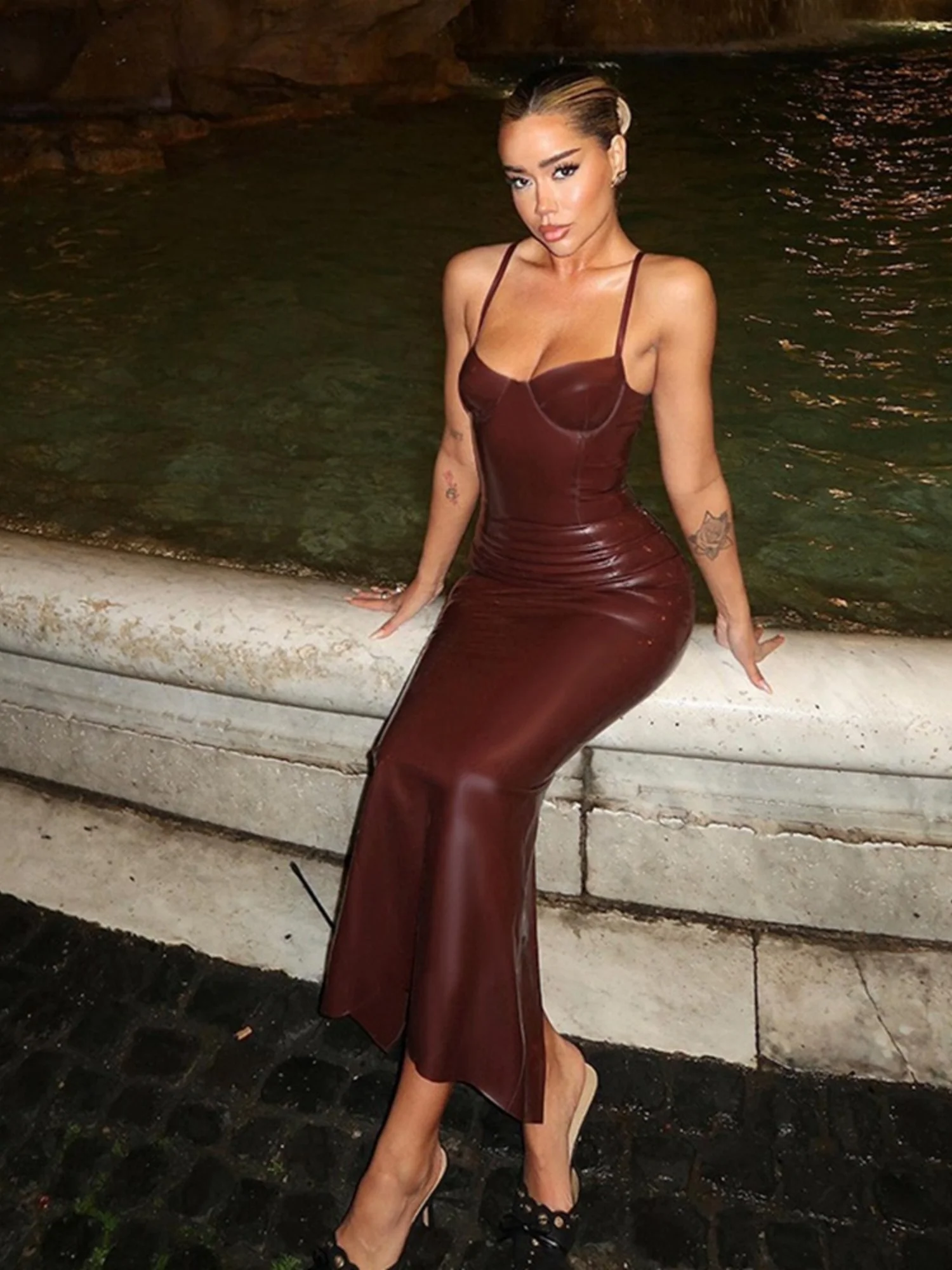 PU Leather Slim Waist Split Hip Wrap Camisoles Maxi Dresses - Image 4