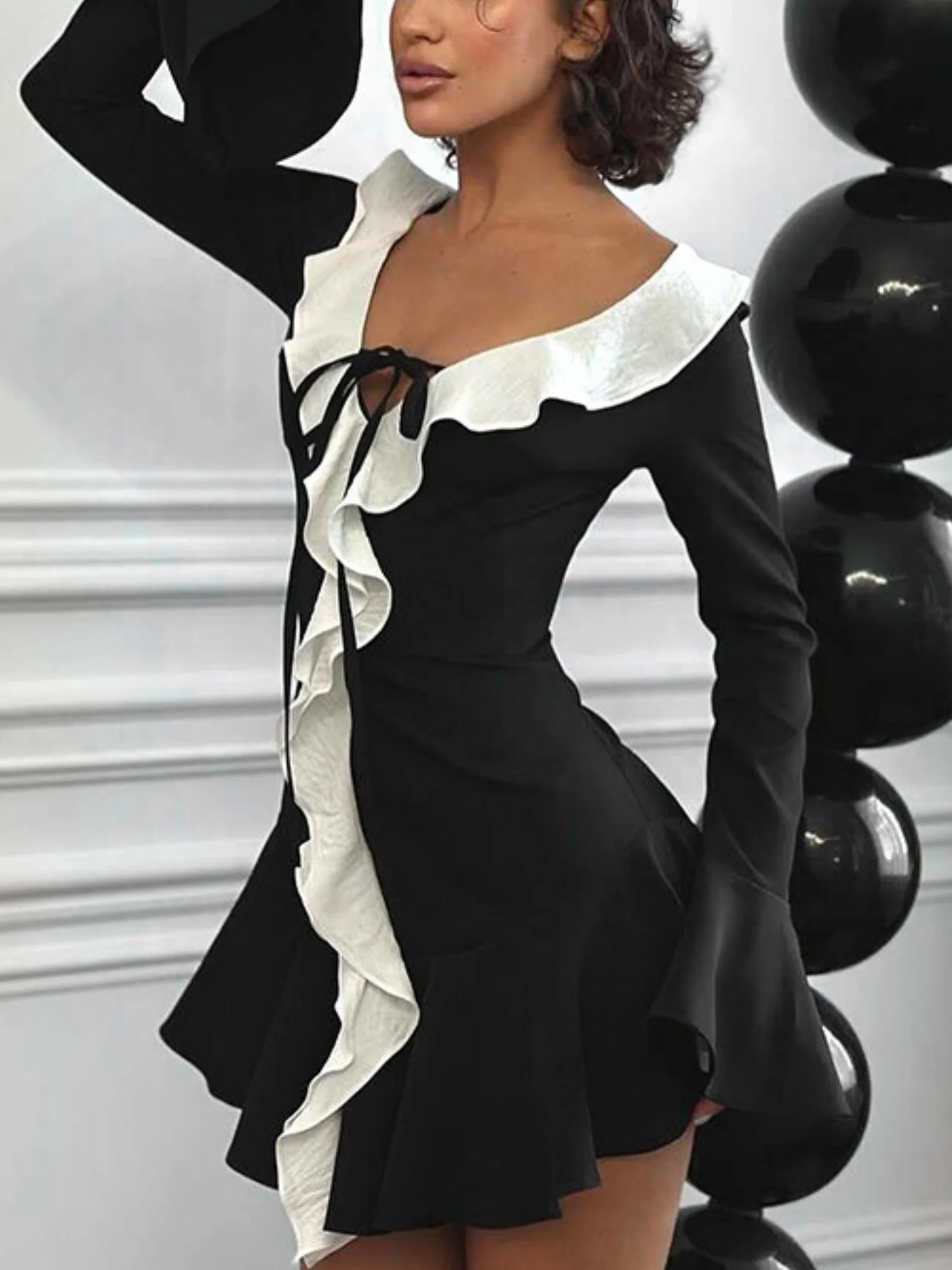 Color-blocked Ruffle Pointed Collar Tie Flare Sleeve Mini&Short Dresses - Image 2