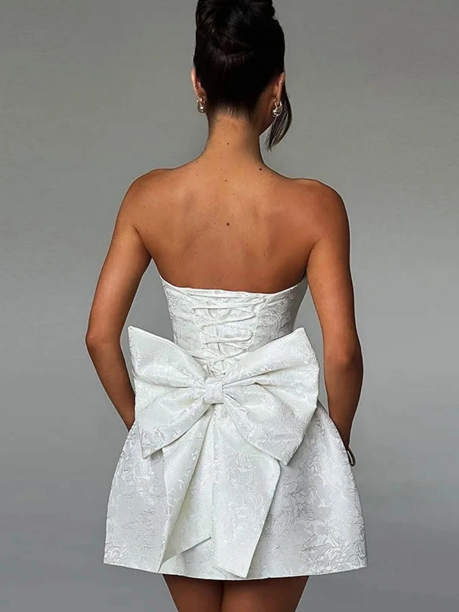 Jacquard Strapless Top Bow Straps Backless Solid Color Mini&Short Dresses - Image 10