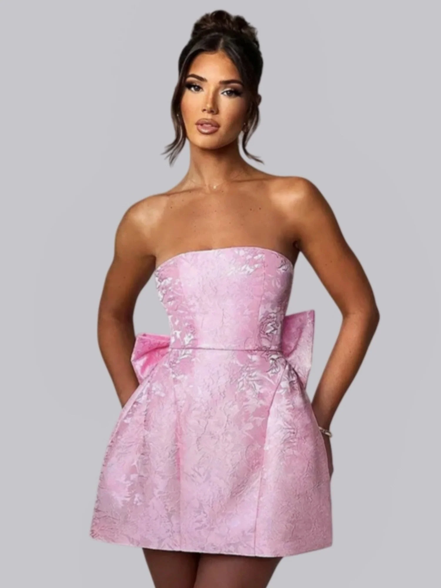 Jacquard Strapless Top Bow Straps Backless Solid Color Mini&Short Dresses - Image 3