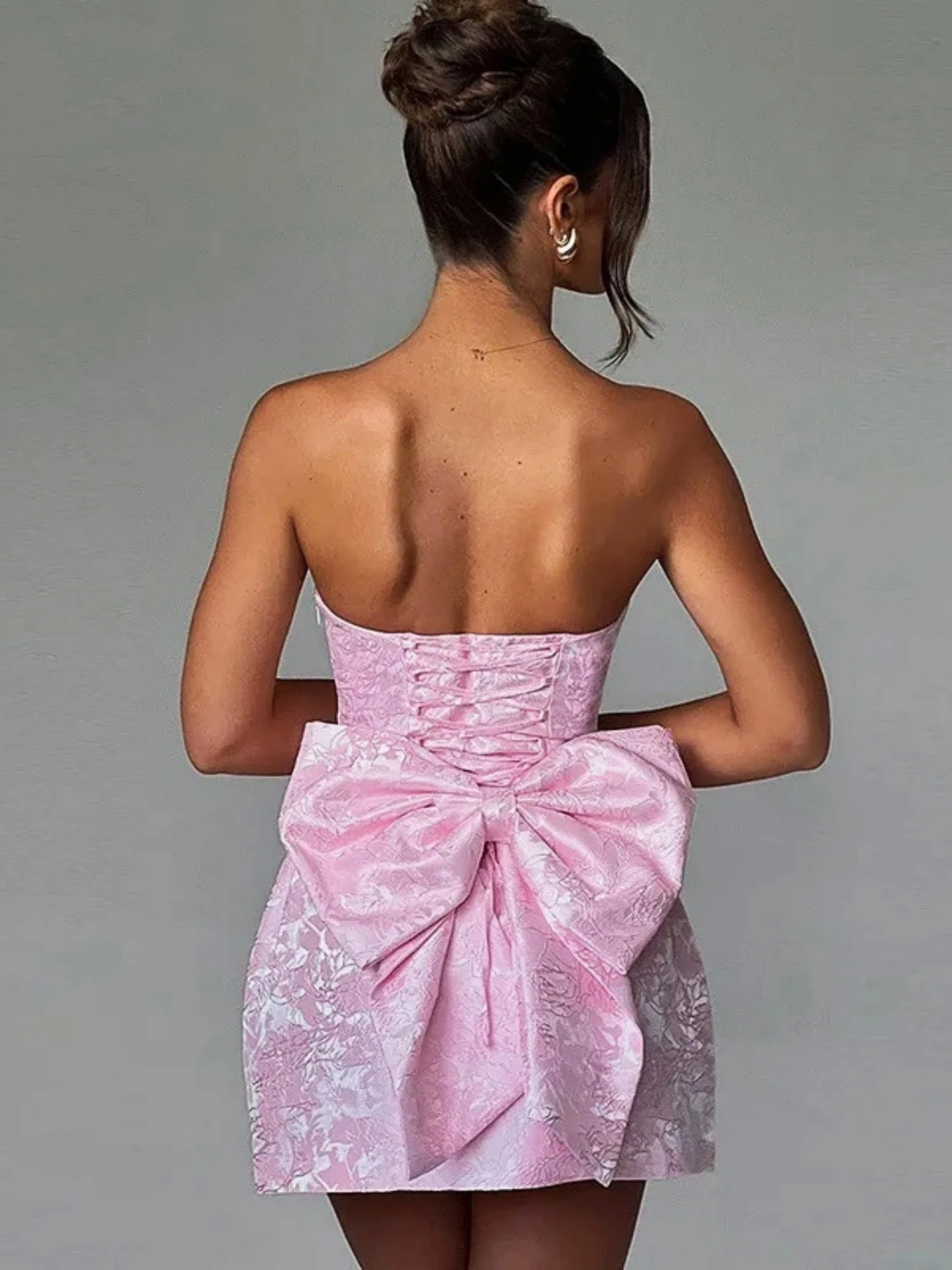 Jacquard Strapless Top Bow Straps Backless Solid Color Mini&Short Dresses - Image 4