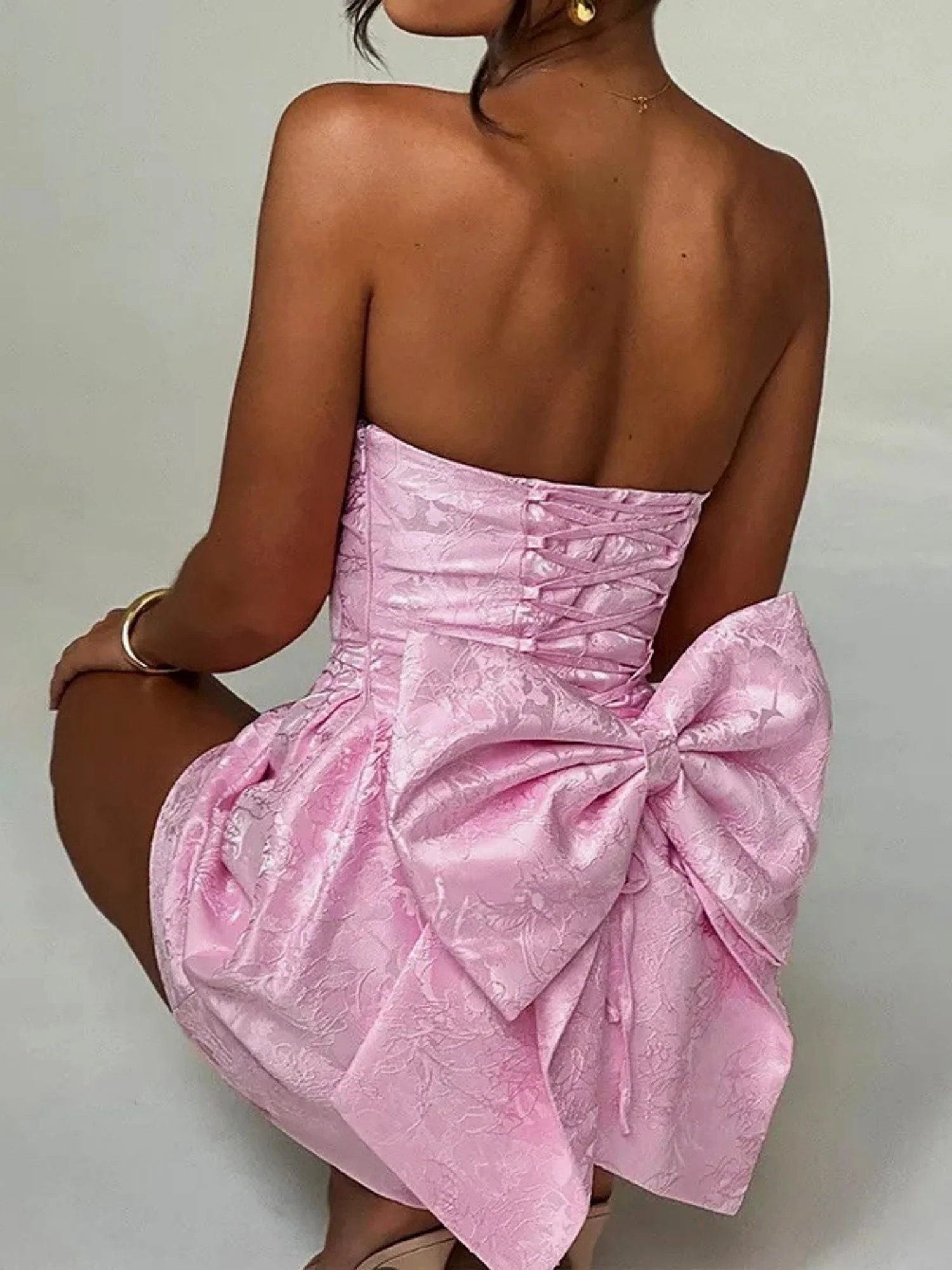 Jacquard Strapless Top Bow Straps Backless Solid Color Mini&Short Dresses - Image 5
