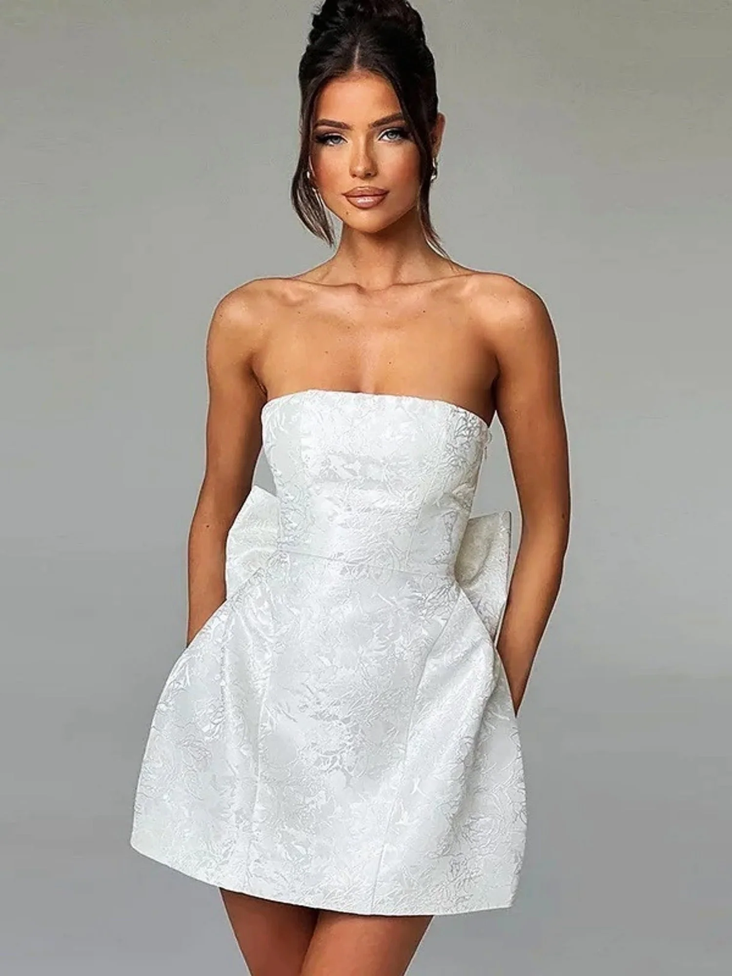 Jacquard Strapless Top Bow Straps Backless Solid Color Mini&Short Dresses - Image 9