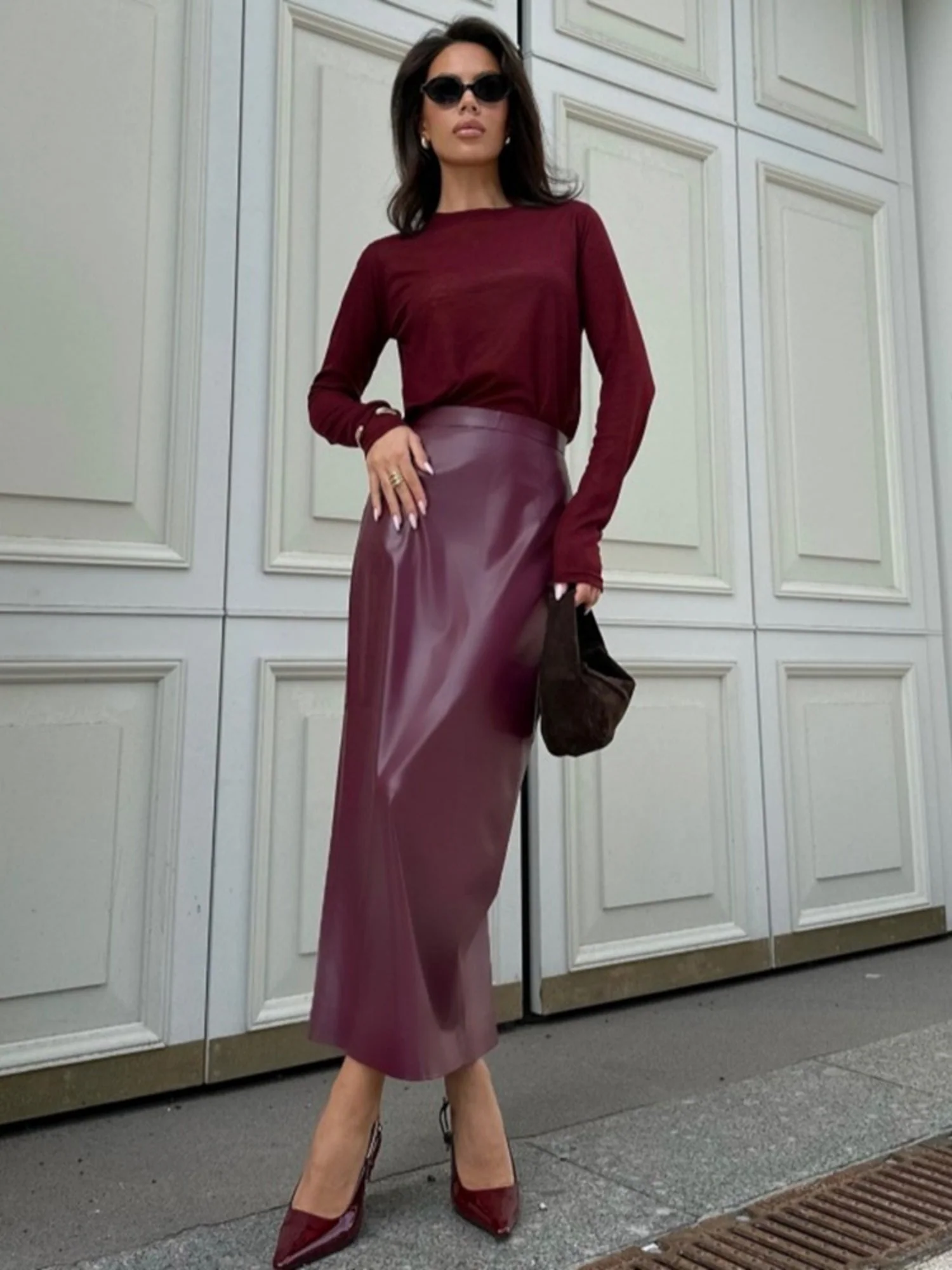 Leather Stitching High-waisted Slim Fit Hip Body Side Slit Long Skirts - Image 4