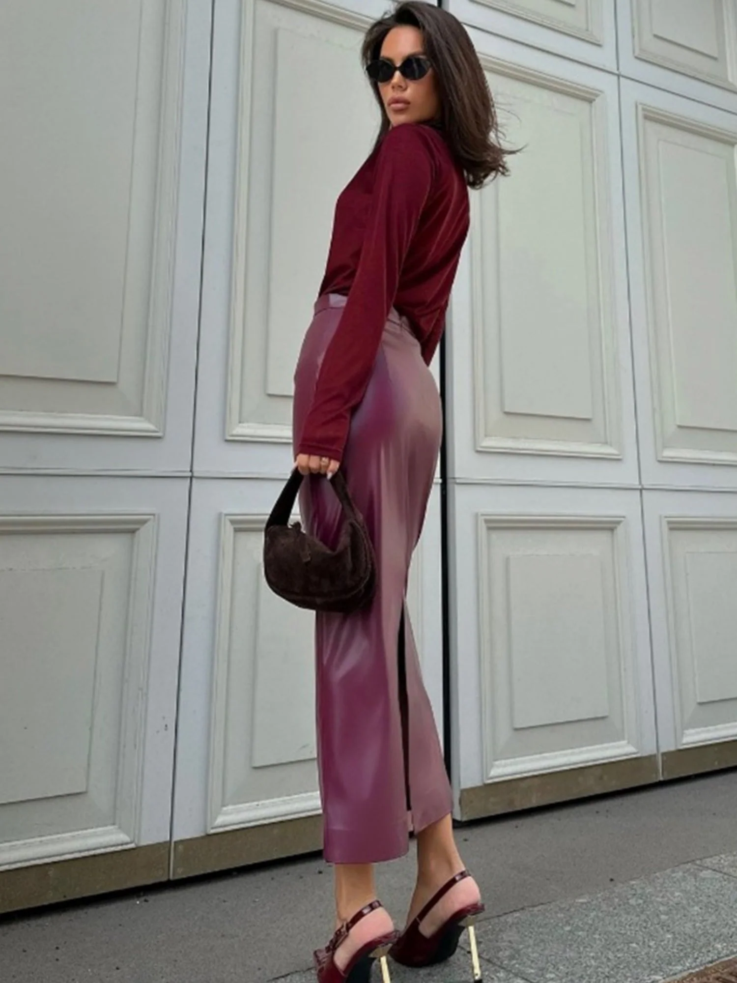 Leather Stitching High-waisted Slim Fit Hip Body Side Slit Long Skirts - Image 5