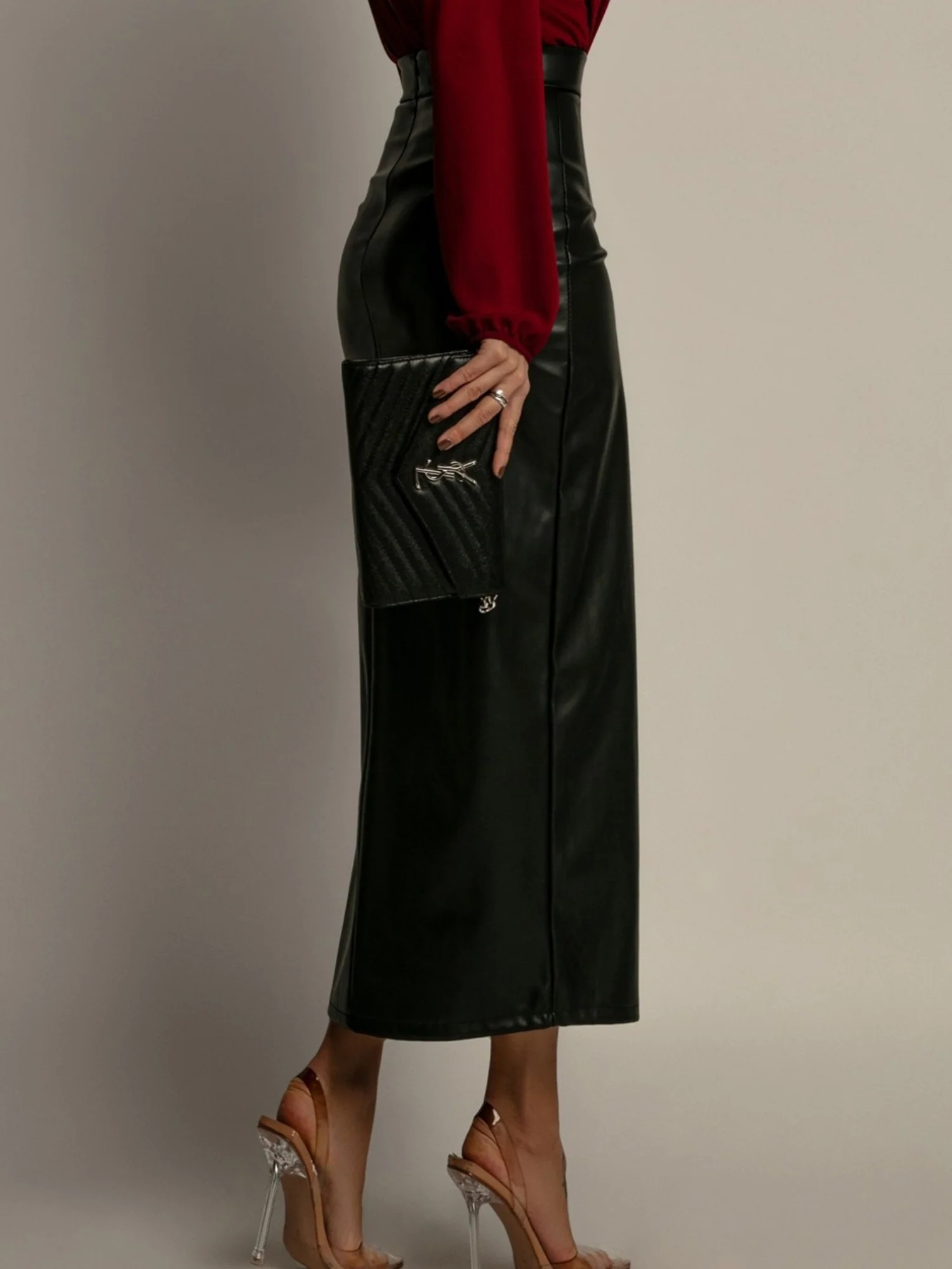 PU Leather High-waisted Side Slit Longline Skirts - Image 6