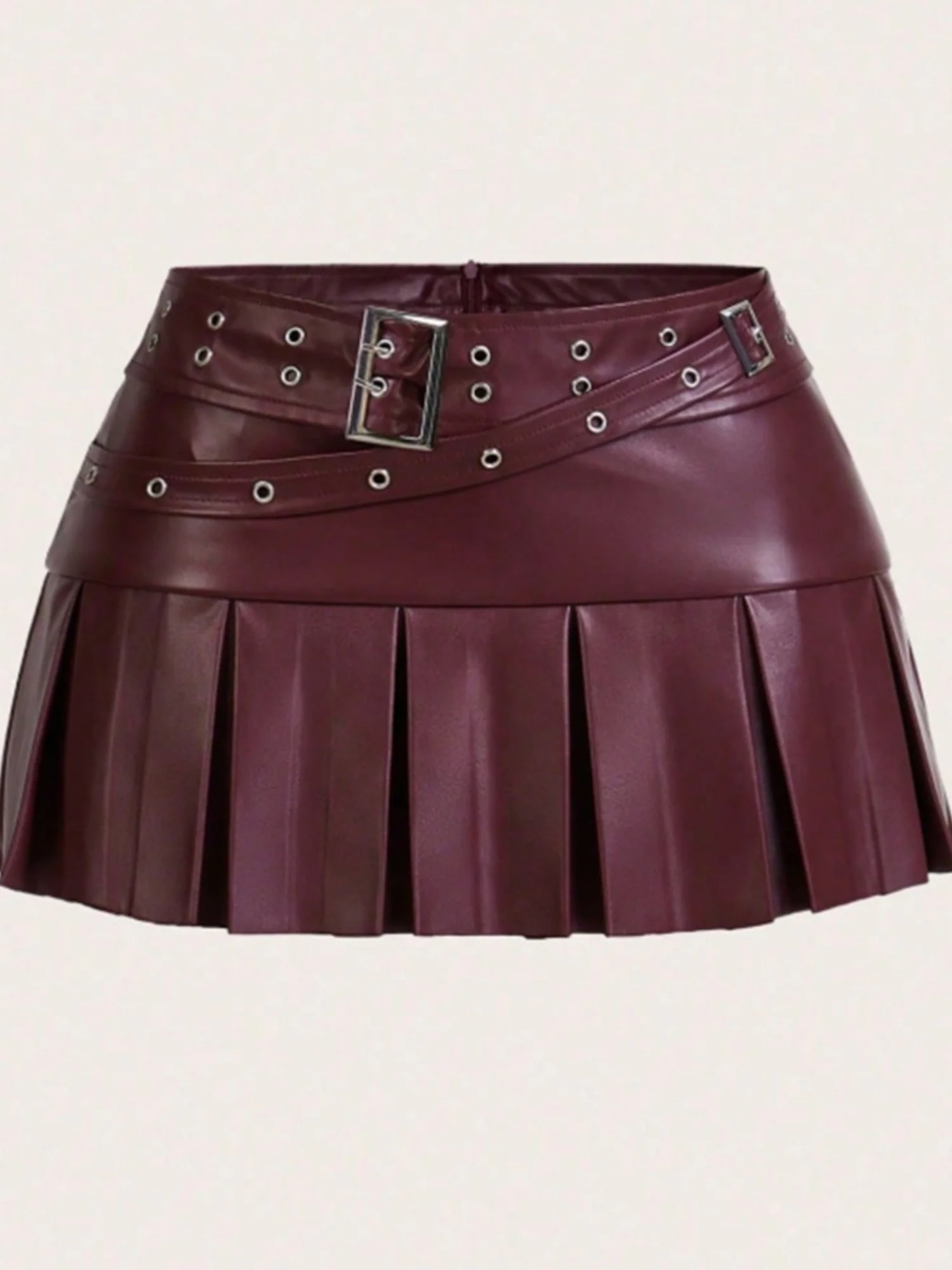 PU Leather Double-pin Square Buckle Pleated Skirt - Image 6