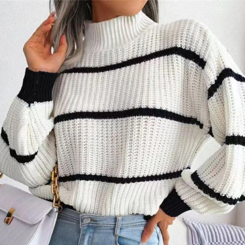 Turtleneck Loose Striped Colors Long Sleeve Sweaters - Image 3