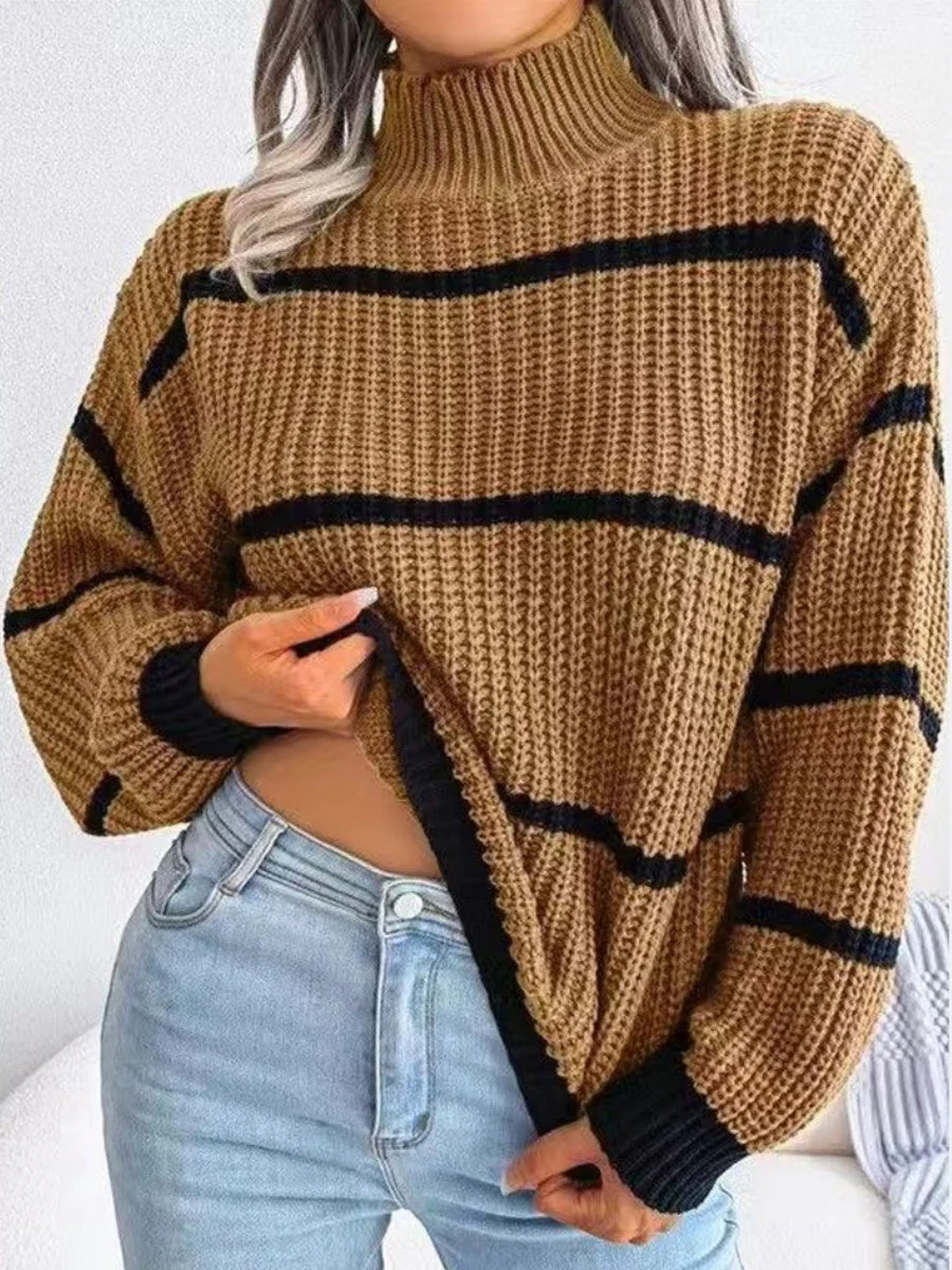 Turtleneck Loose Striped Colors Long Sleeve Sweaters - Image 4