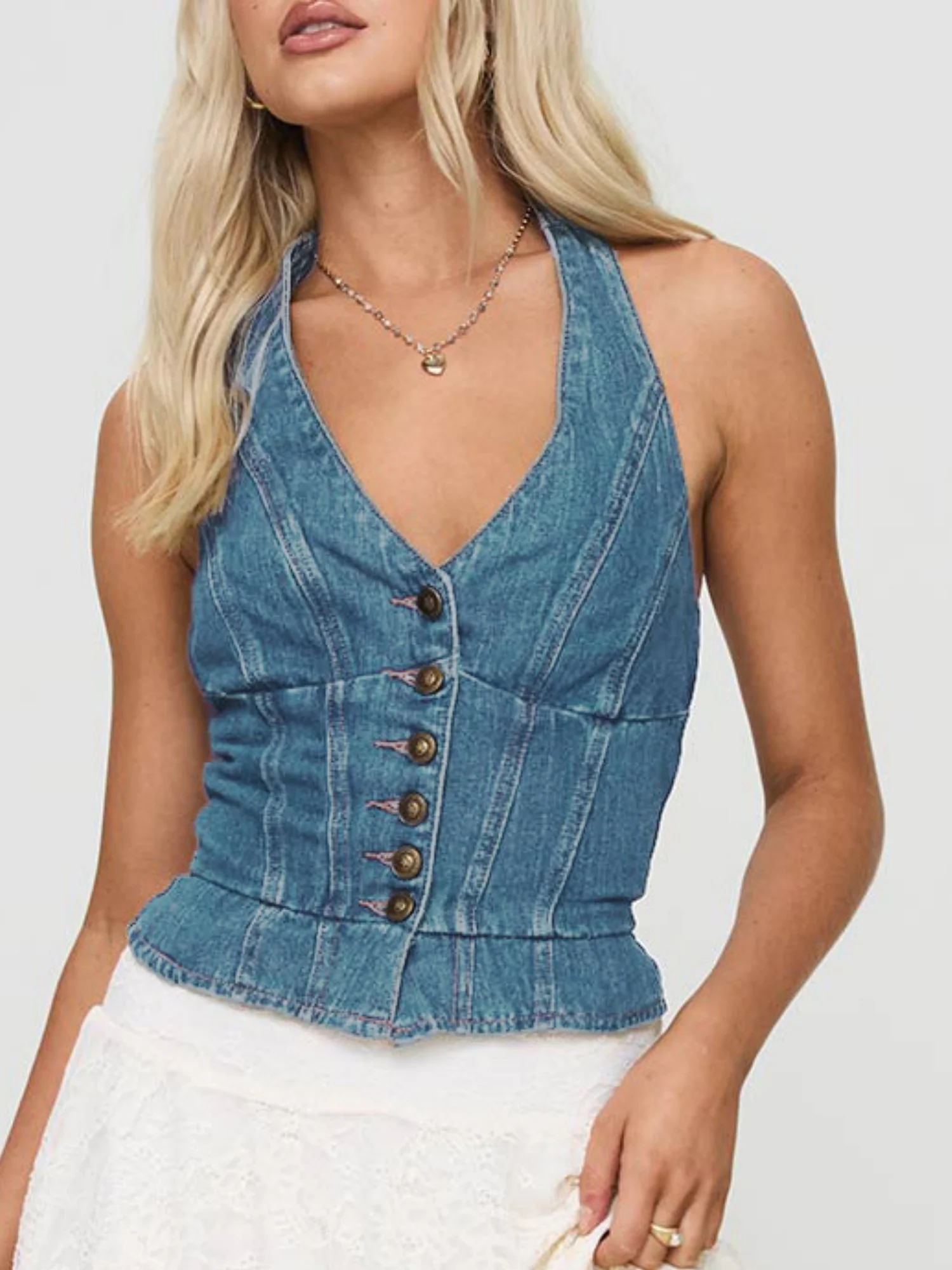 Denim Tie Buttons Halter V-neck Tank Tops&Camis - Image 5