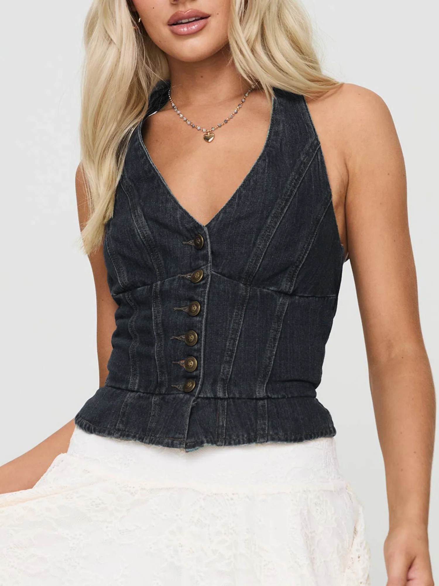 Denim Tie Buttons Halter V-neck Tank Tops&Camis - Image 7