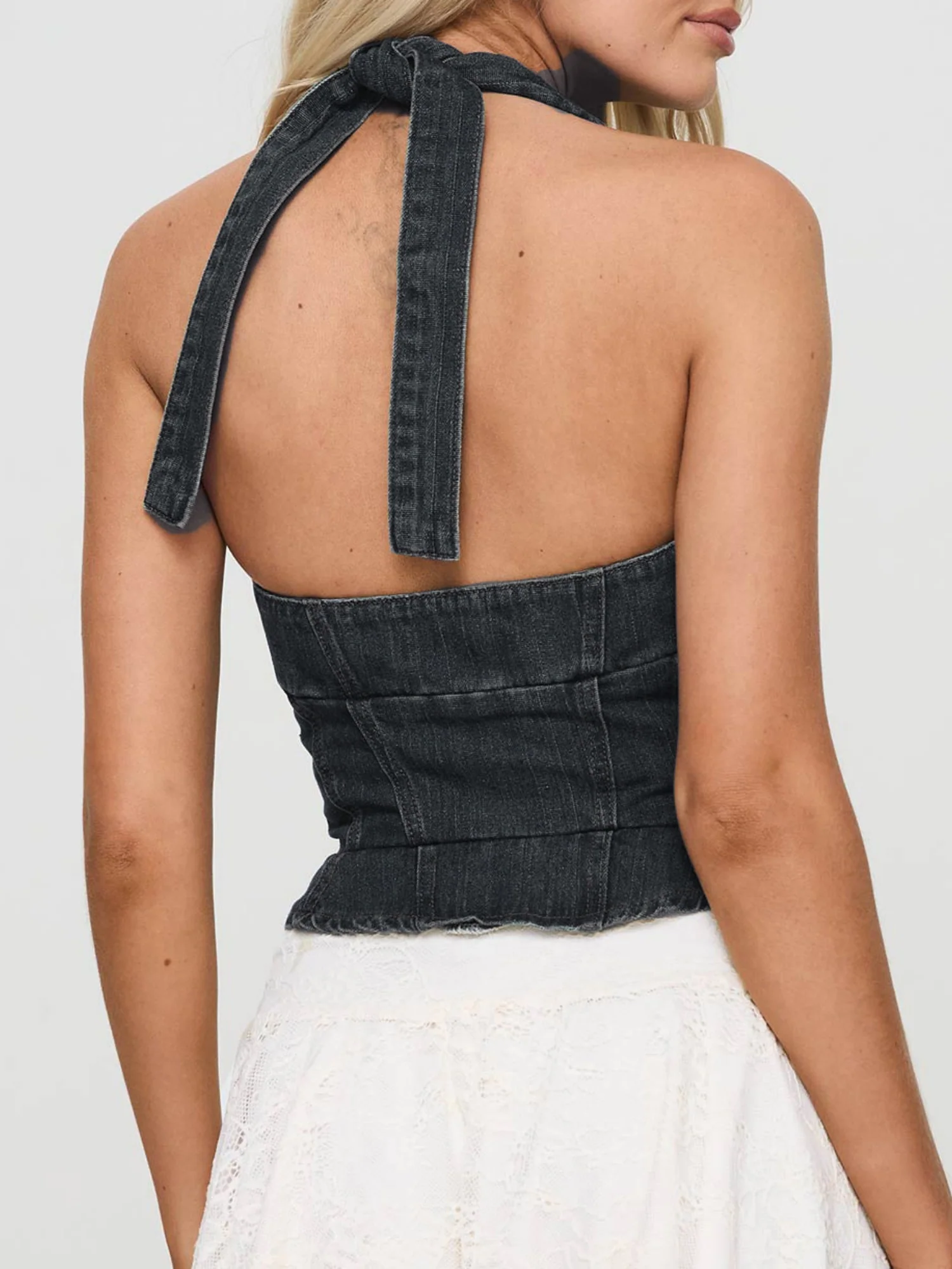 Denim Tie Buttons Halter V-neck Tank Tops&Camis - Image 8