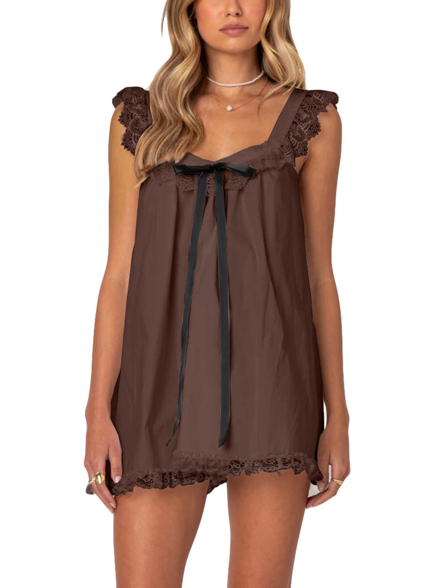 Bow Lace Trim Spaghetti Strap Backless Mini&Short Dresses - Image 10