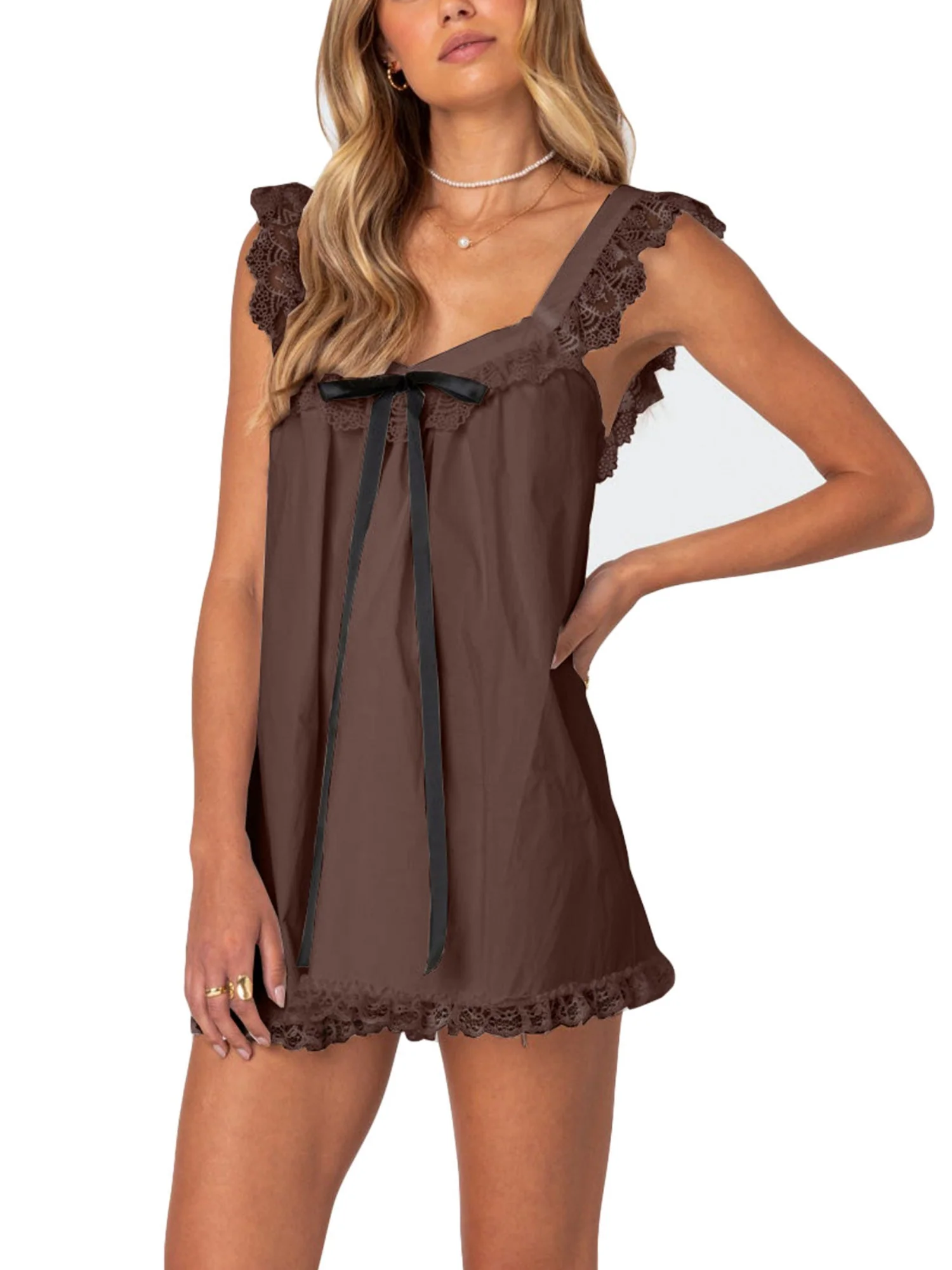 Bow Lace Trim Spaghetti Strap Backless Mini&Short Dresses - Image 11