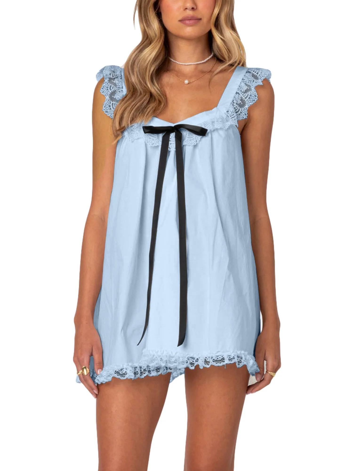 Bow Lace Trim Spaghetti Strap Backless Mini&Short Dresses - Image 2