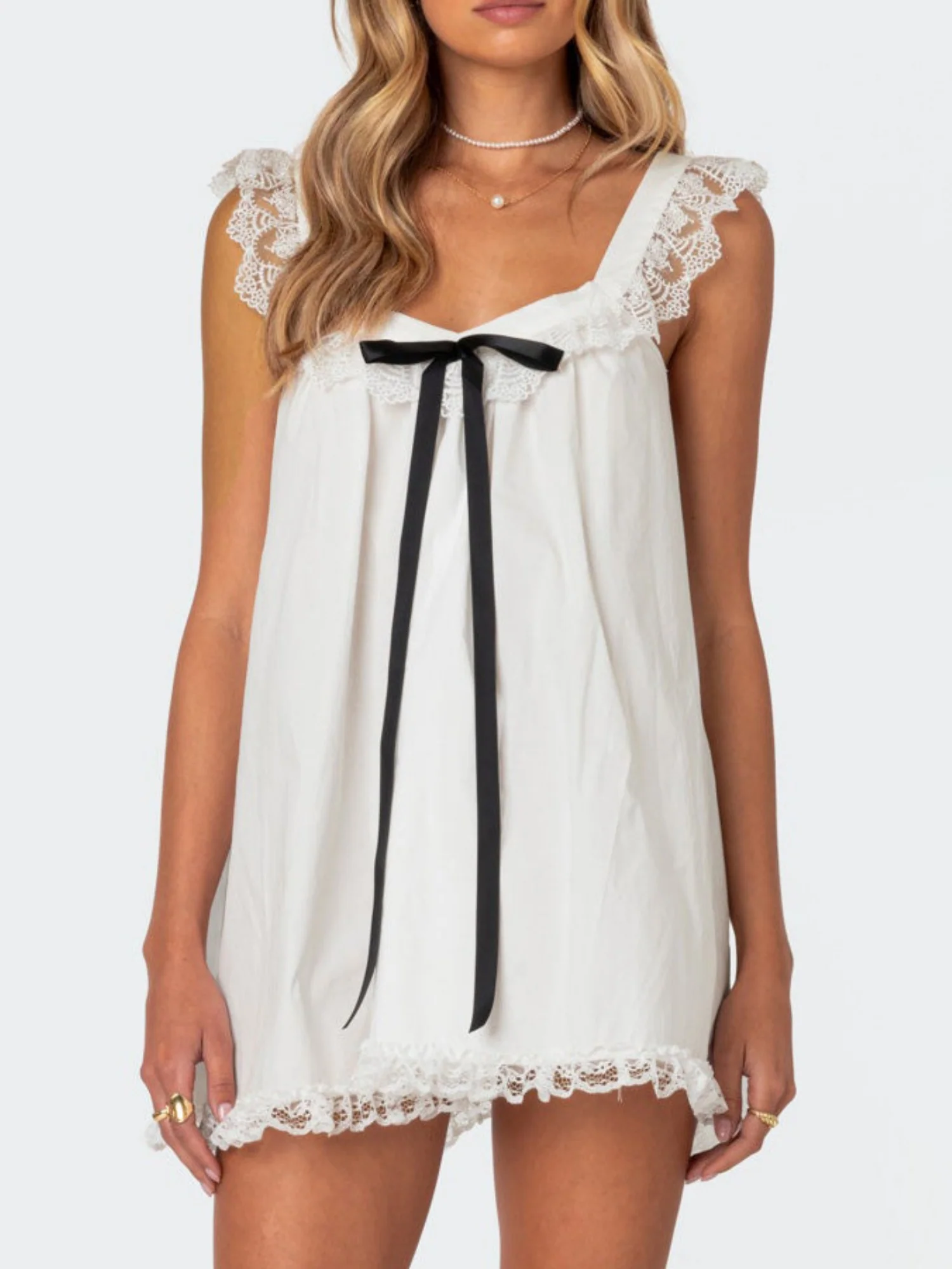 Bow Lace Trim Spaghetti Strap Backless Mini&Short Dresses - Image 4