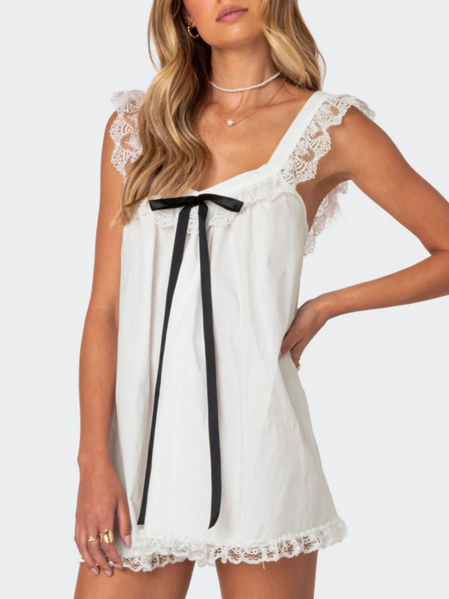 Bow Lace Trim Spaghetti Strap Backless Mini&Short Dresses - Image 7